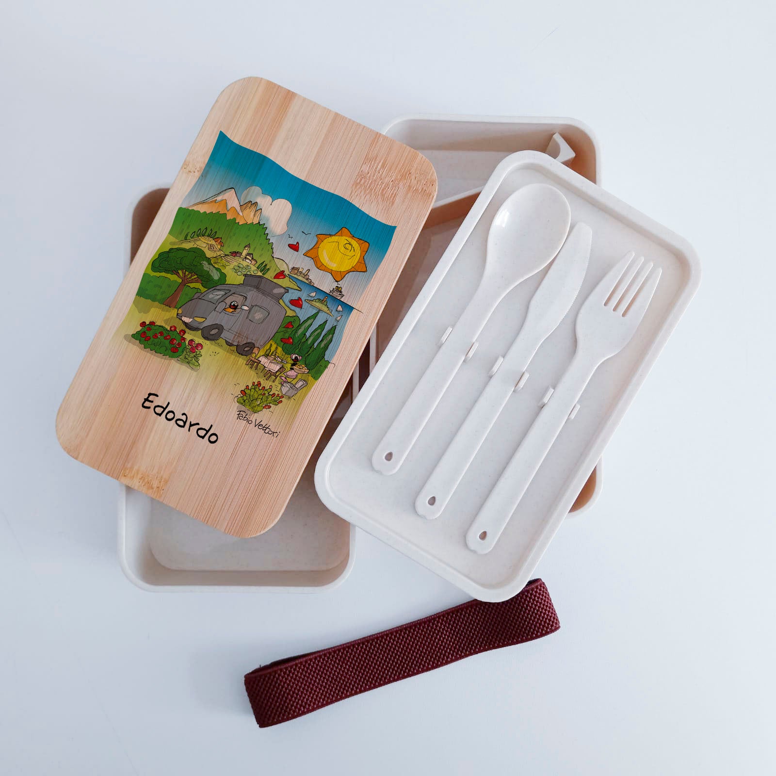 Scatola Porta Pranzo con coperchio in bambù e Posate Personalizzata soggetto "Van"