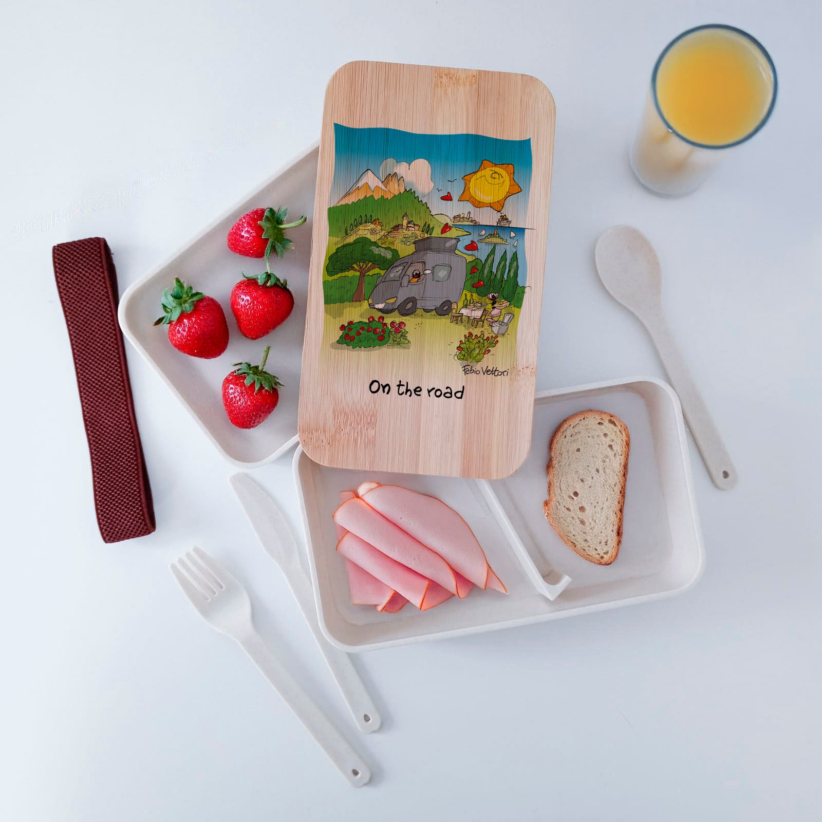 Scatola Porta Pranzo con coperchio in bambù e Posate Personalizzata soggetto "Van"