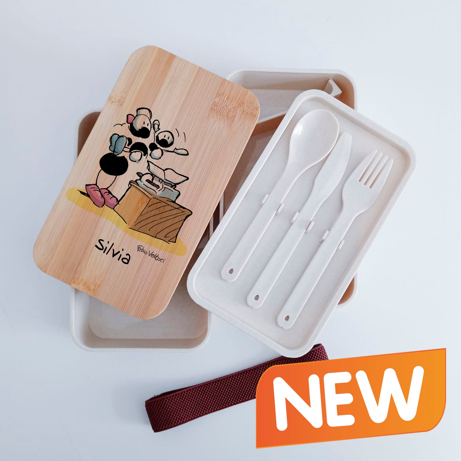 Scatola Porta Pranzo con coperchio in bambù e Posate Personalizzata soggetto "OstetricI"