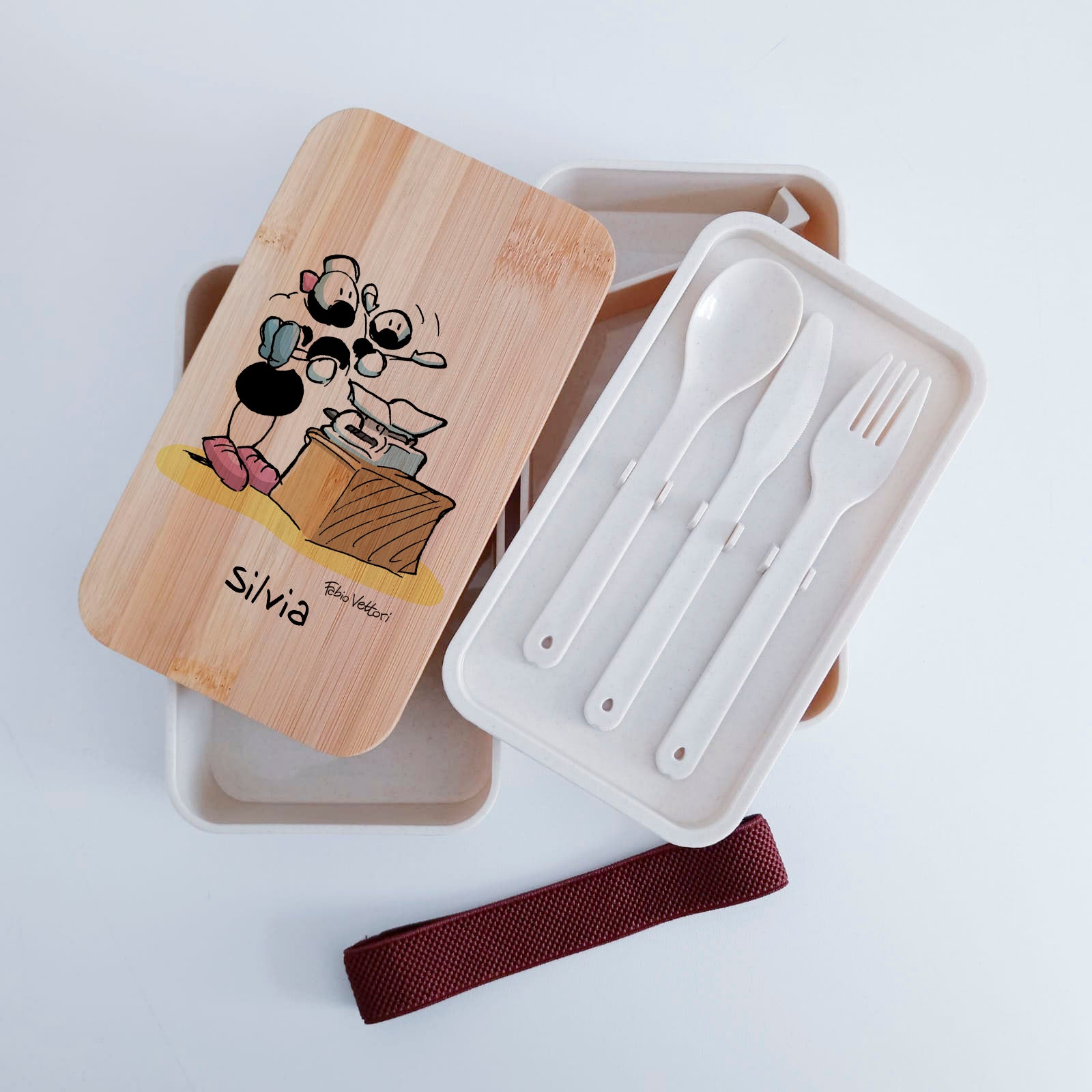 Scatola Porta Pranzo con coperchio in bambù e Posate Personalizzata soggetto "OstetricI"