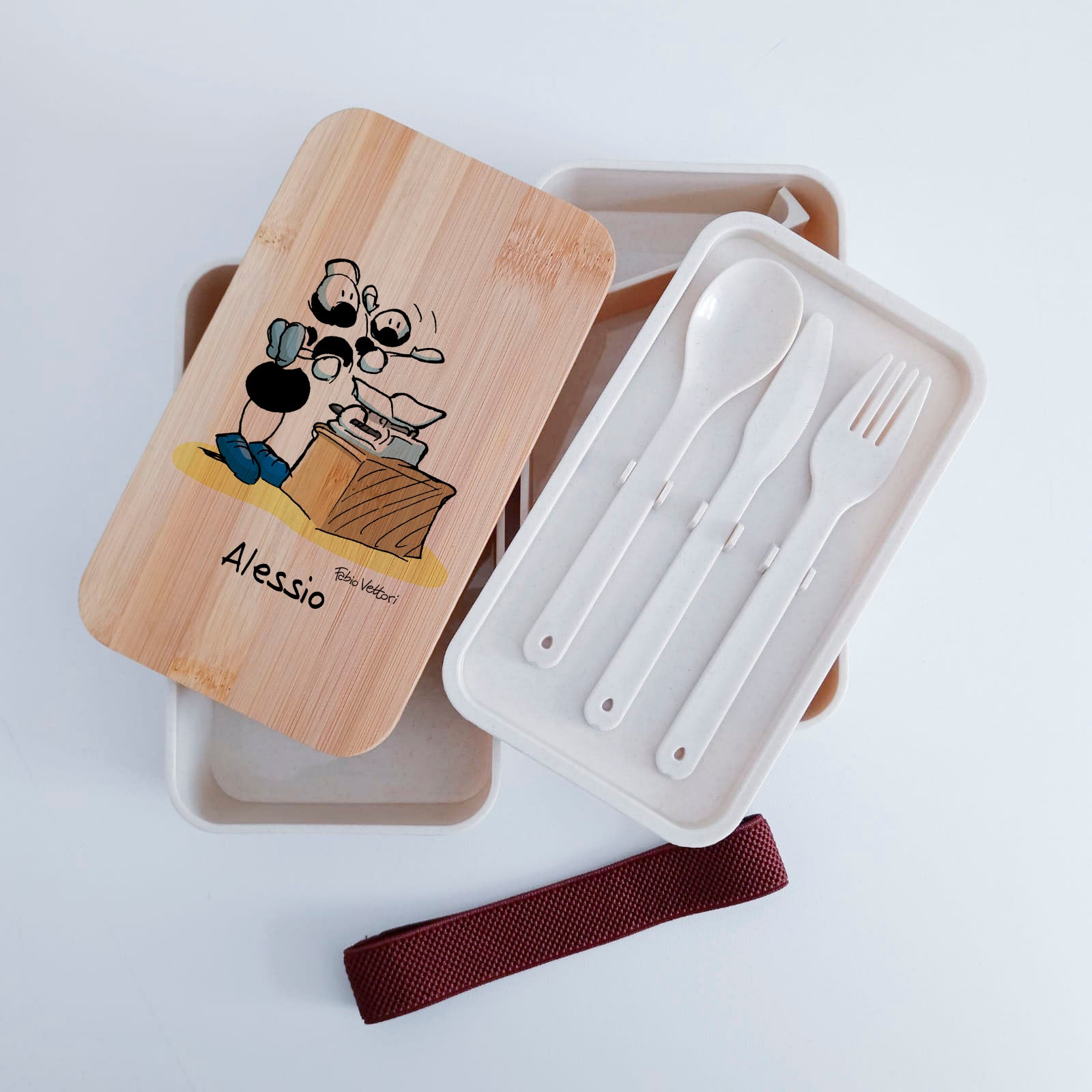 Scatola Porta Pranzo con coperchio in bambù e Posate Personalizzata soggetto "OstetricI"