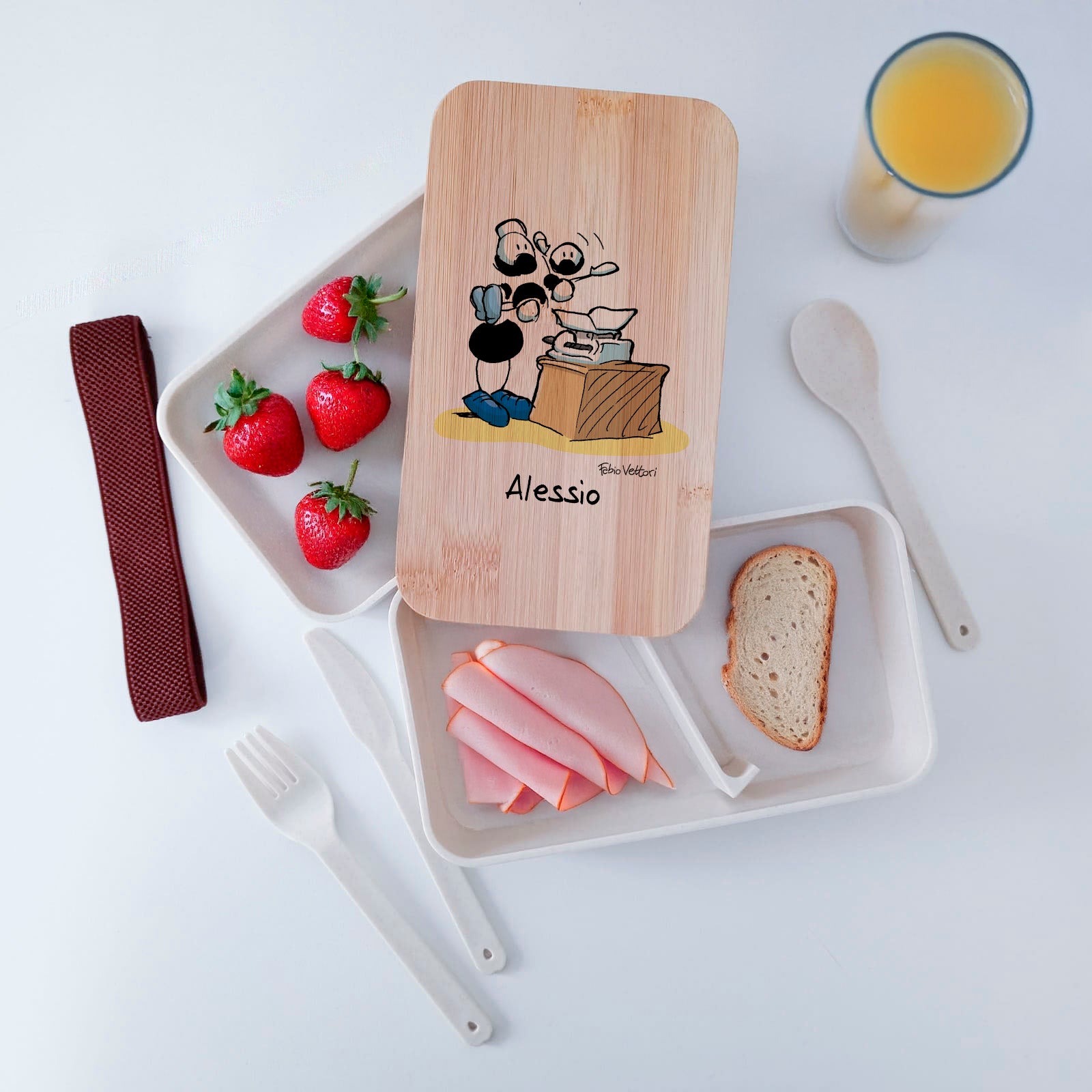 Scatola Porta Pranzo con coperchio in bambù e Posate Personalizzata soggetto "OstetricI"