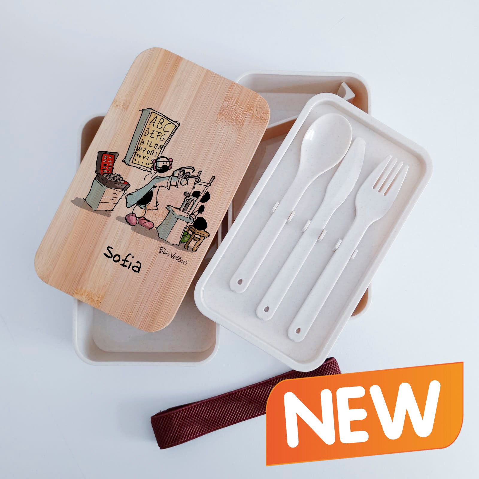 Scatola Porta Pranzo con coperchio in bambù e Posate Personalizzata soggetto "Ottici"