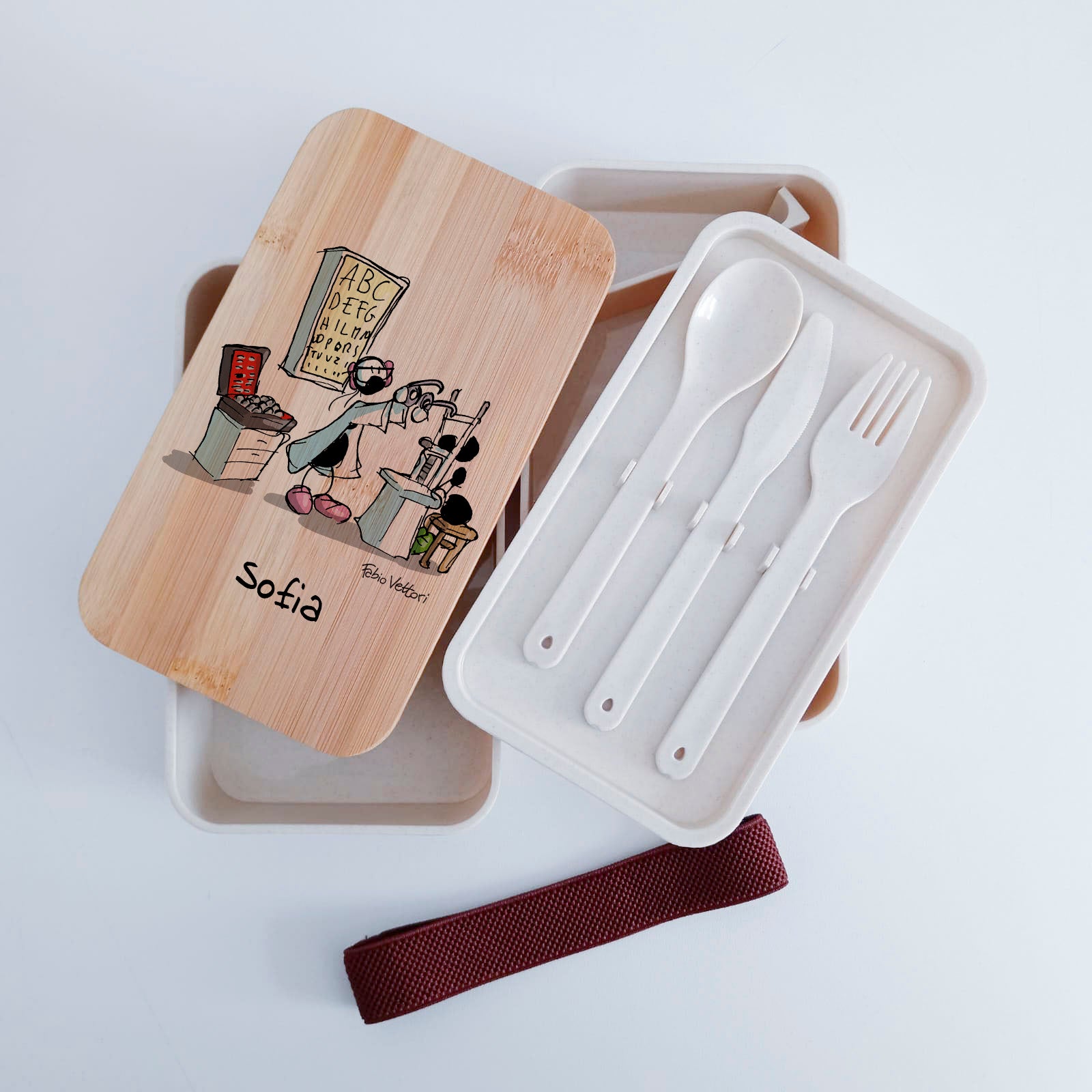 Scatola Porta Pranzo con coperchio in bambù e Posate Personalizzata soggetto "Ottici"