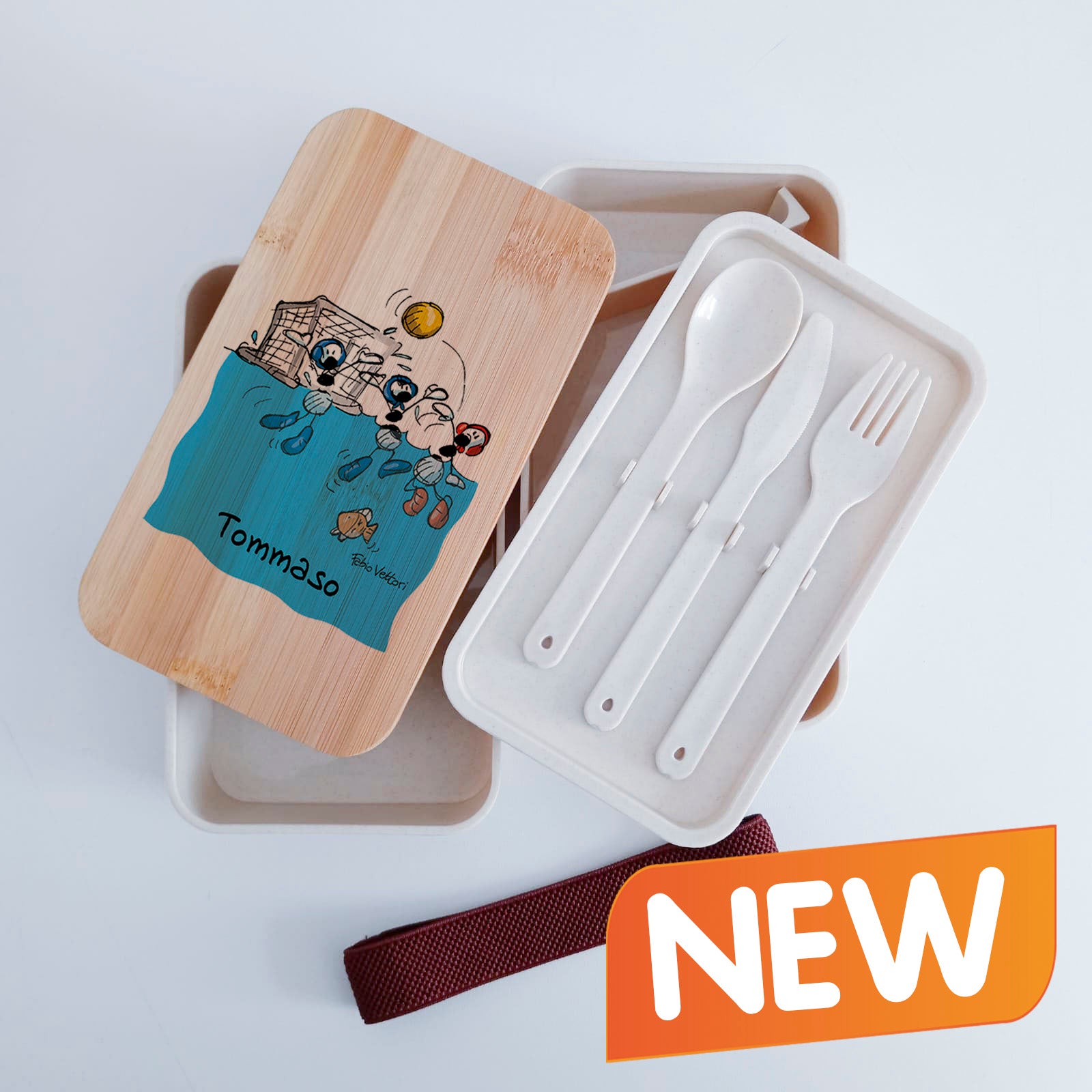 Scatola Porta Pranzo con coperchio in bambù e Posate Personalizzata soggetto "Pallanuoto"