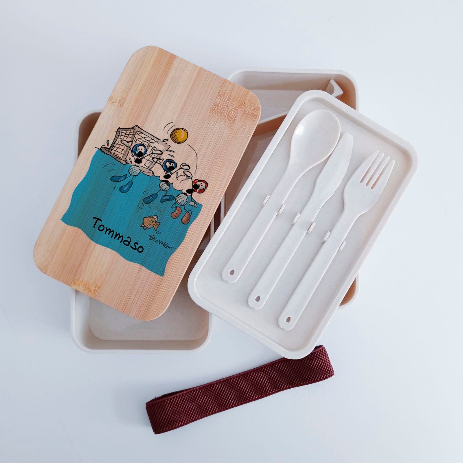 Scatola Porta Pranzo con coperchio in bambù e Posate Personalizzata soggetto "Pallanuoto"