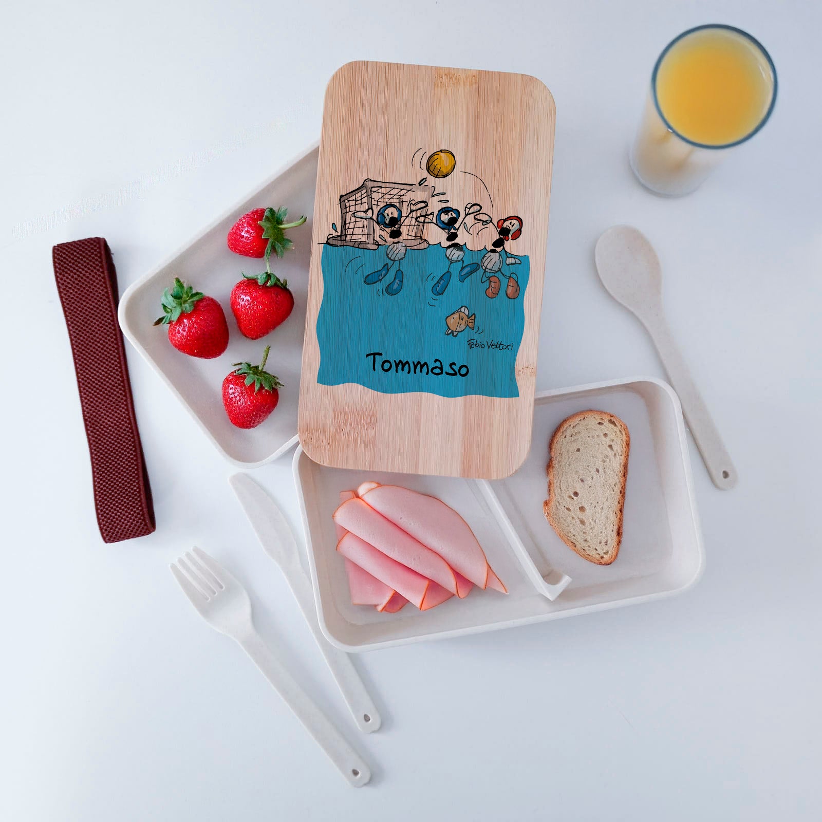 Scatola Porta Pranzo con coperchio in bambù e Posate Personalizzata soggetto "Pallanuoto"