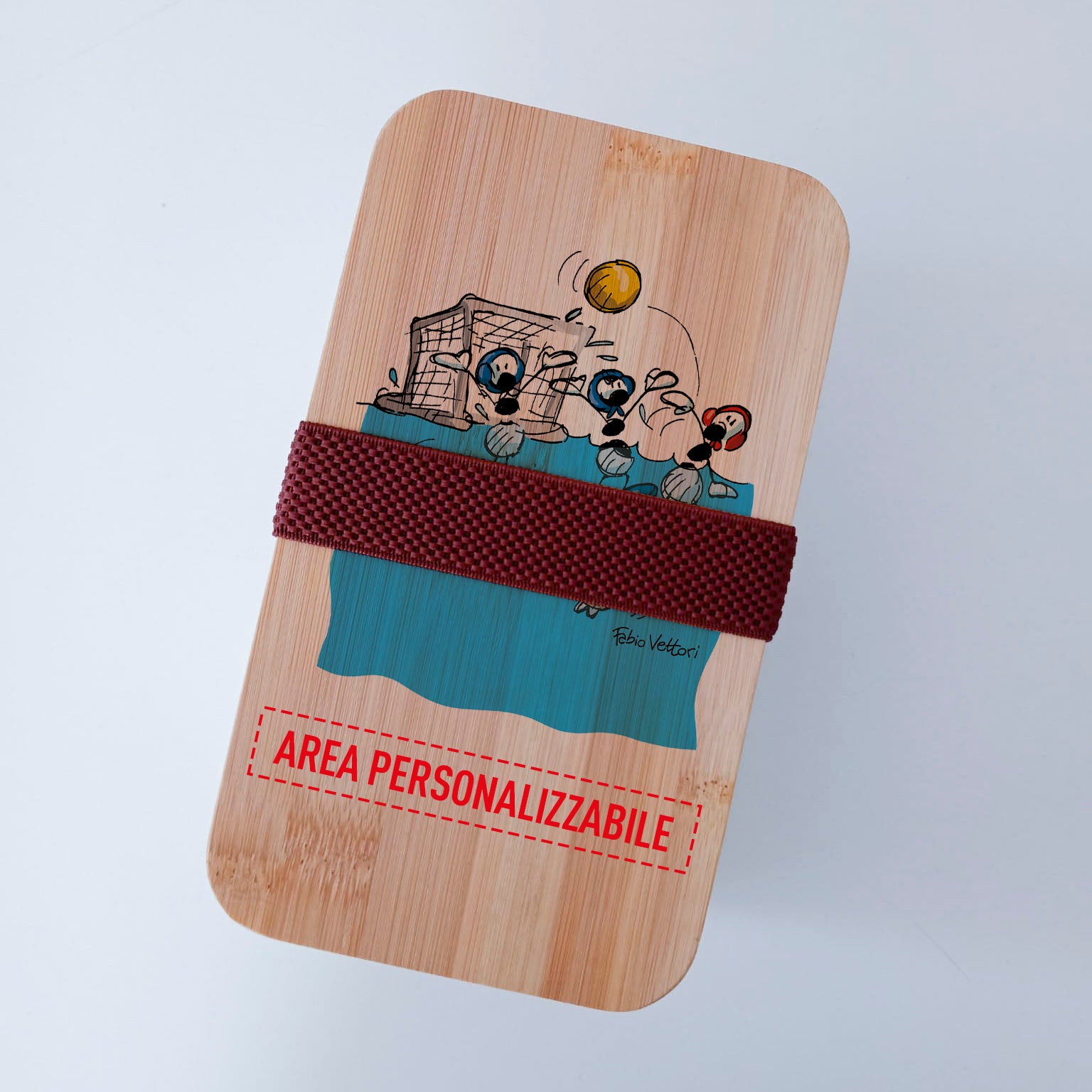Scatola Porta Pranzo con coperchio in bambù e Posate Personalizzata soggetto "Pallanuoto"