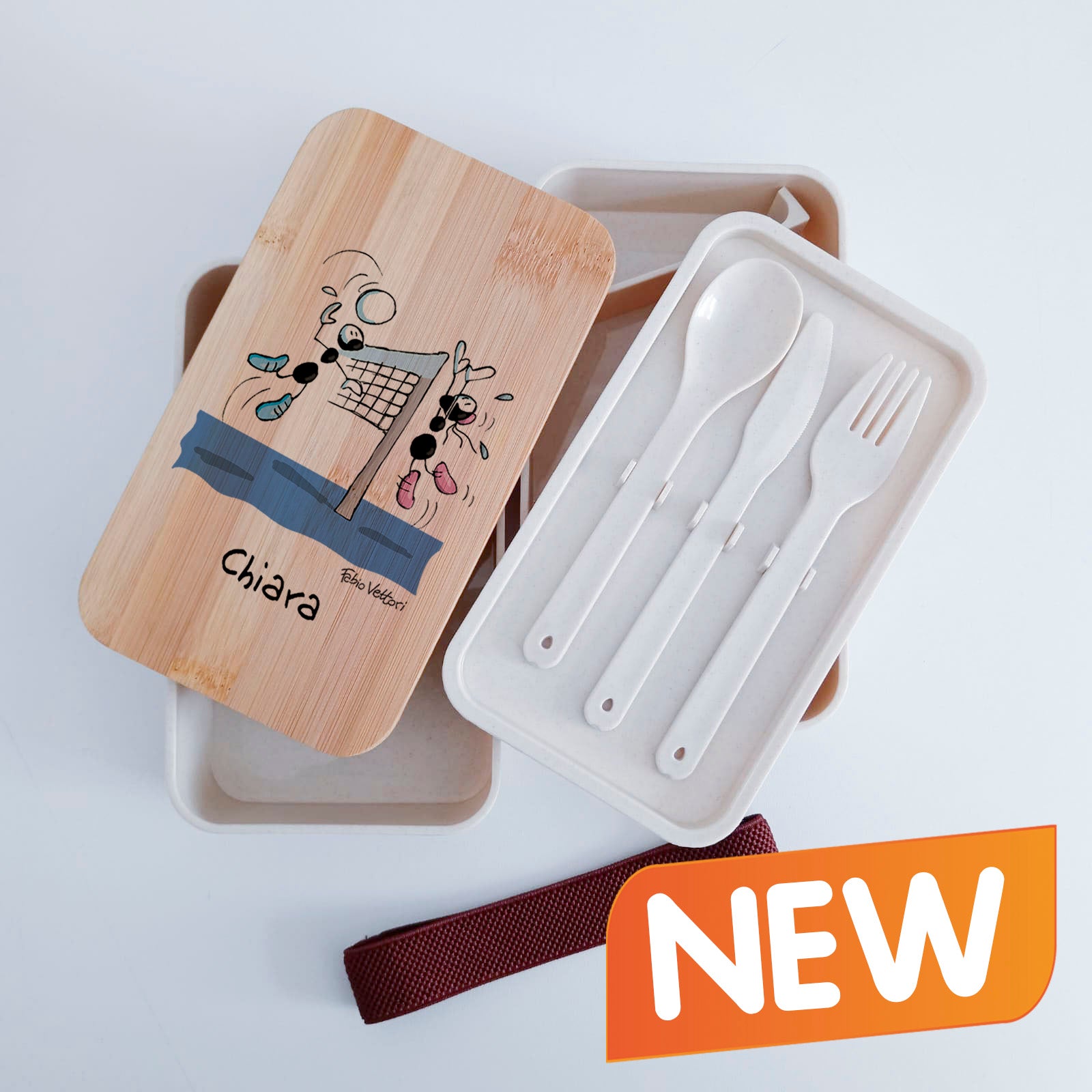 Scatola Porta Pranzo con coperchio in bambù e Posate Personalizzata soggetto "Pallavolo"