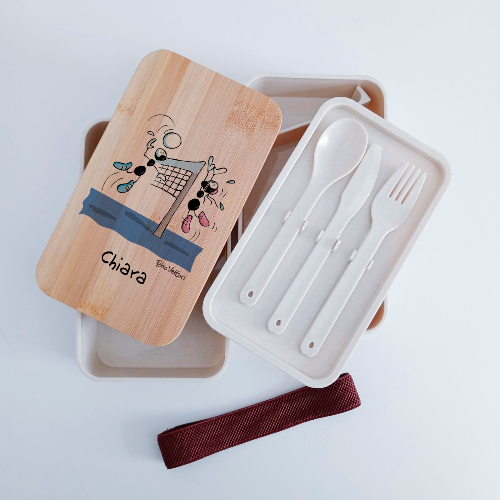 Scatola Porta Pranzo con coperchio in bambù e Posate Personalizzata soggetto "Pallavolo"