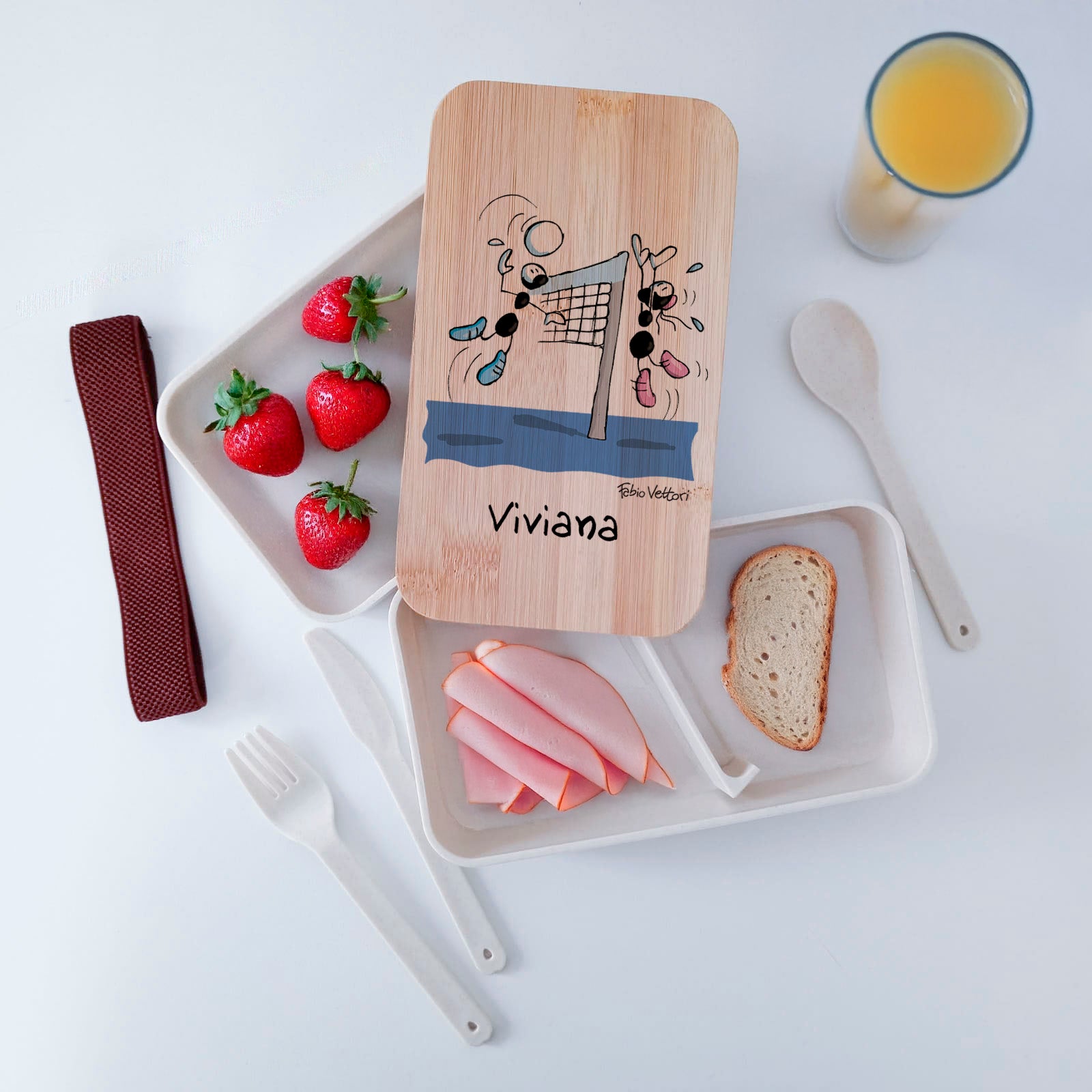 Scatola Porta Pranzo con coperchio in bambù e Posate Personalizzata soggetto "Pallavolo"