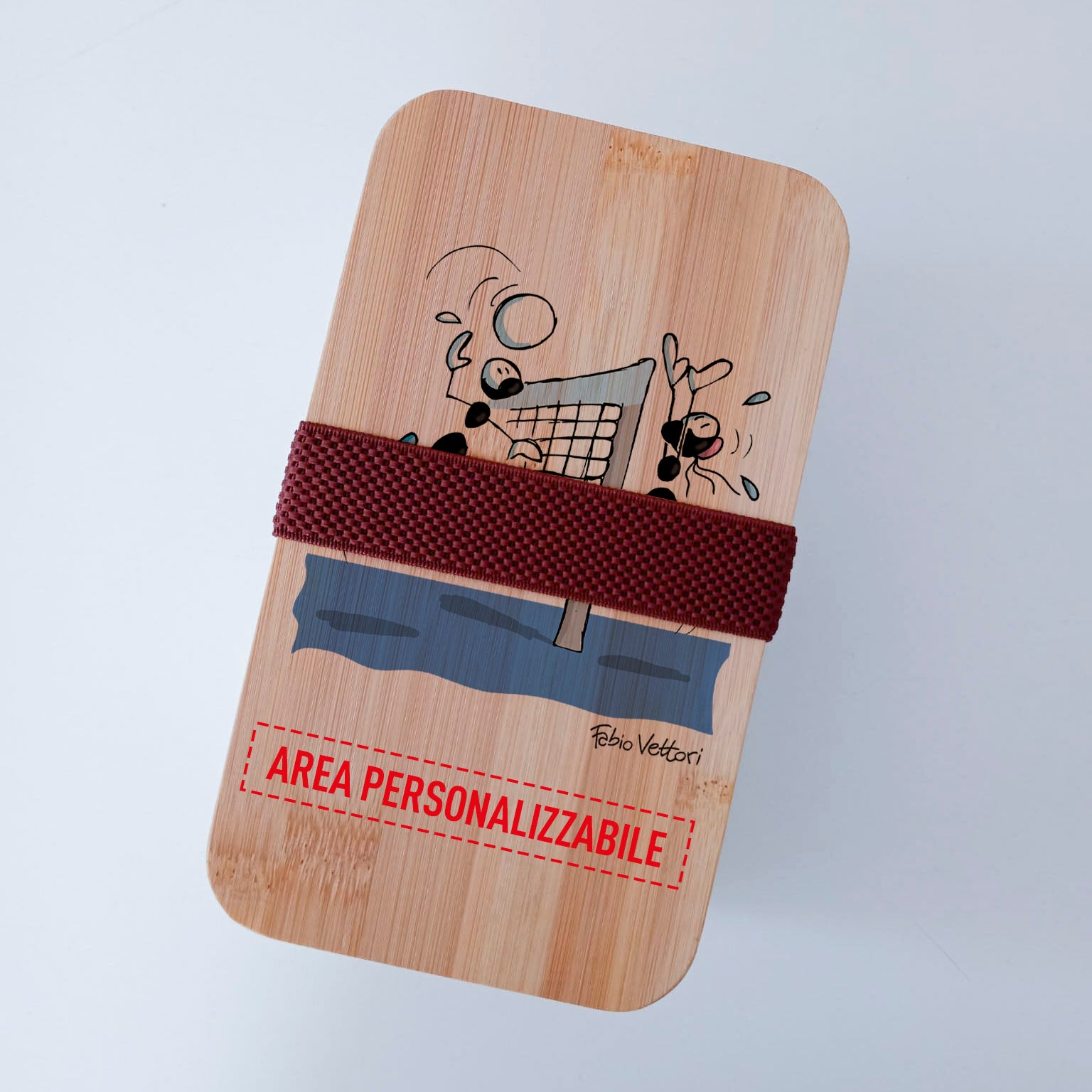 Scatola Porta Pranzo con coperchio in bambù e Posate Personalizzata soggetto "Pallavolo"
