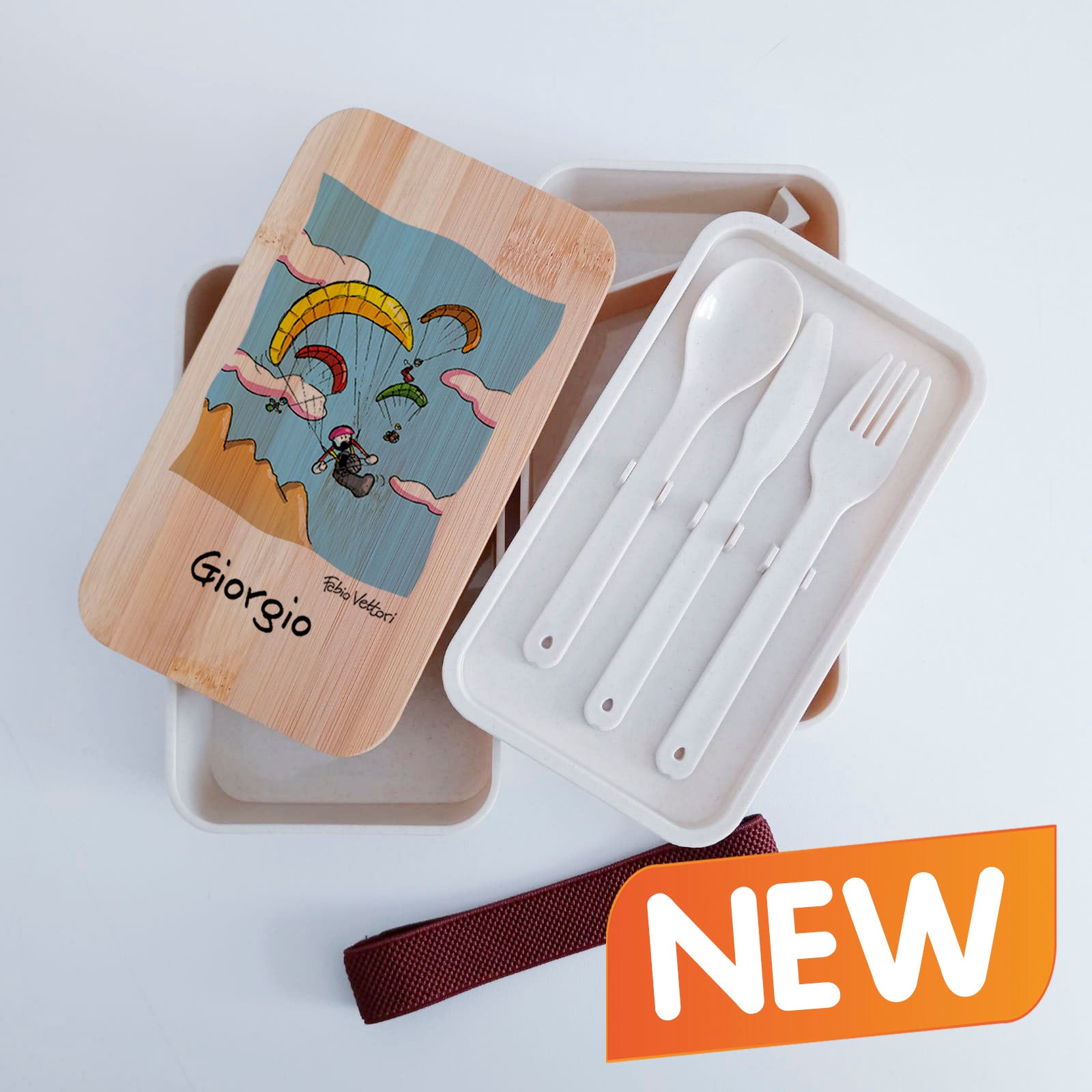 Scatola Porta Pranzo con coperchio in bambù e Posate Personalizzata soggetto "Parapendio"