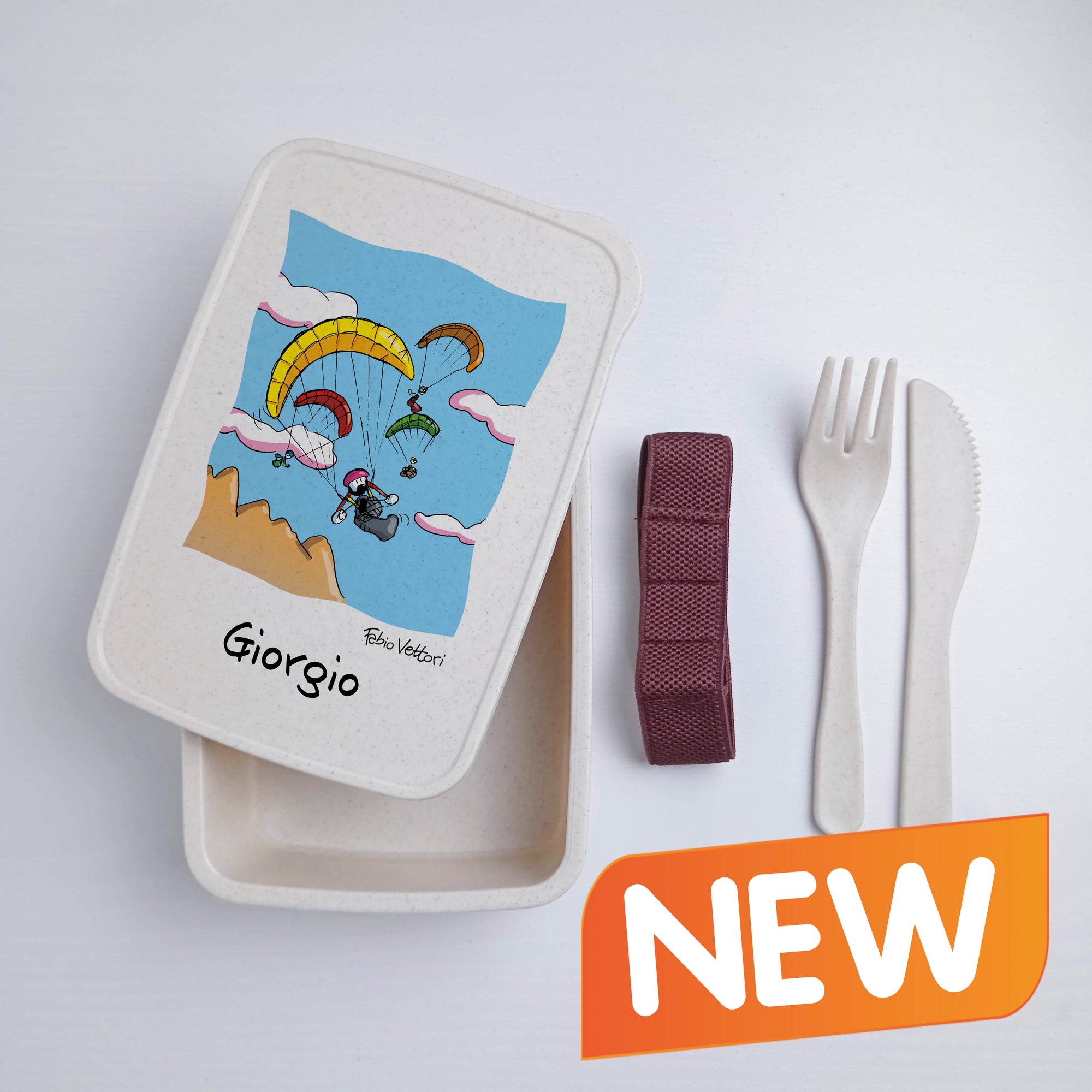 Scatola Porta Pranzo con Fascia Porta Posate Personalizzata soggetto "Parapendio"