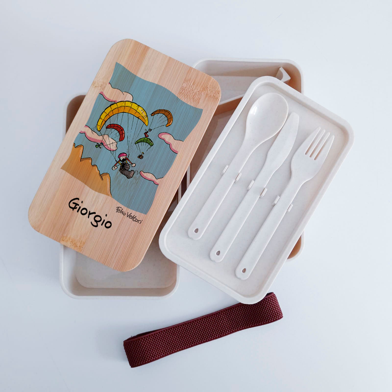 Scatola Porta Pranzo con coperchio in bambù e Posate Personalizzata soggetto "Parapendio"