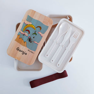 Scatola Porta Pranzo con coperchio in bambù e Posate Personalizzata soggetto "Parapendio"