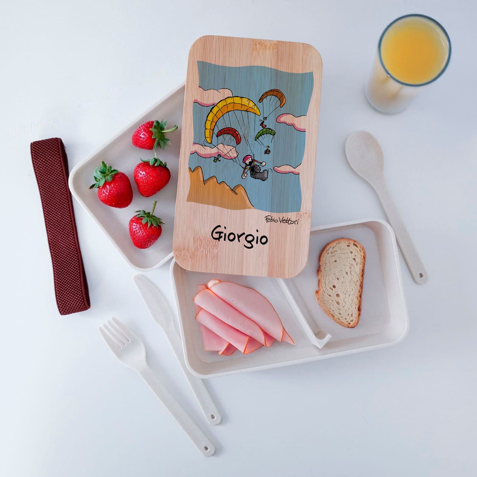 Scatola Porta Pranzo con coperchio in bambù e Posate Personalizzata soggetto "Parapendio"