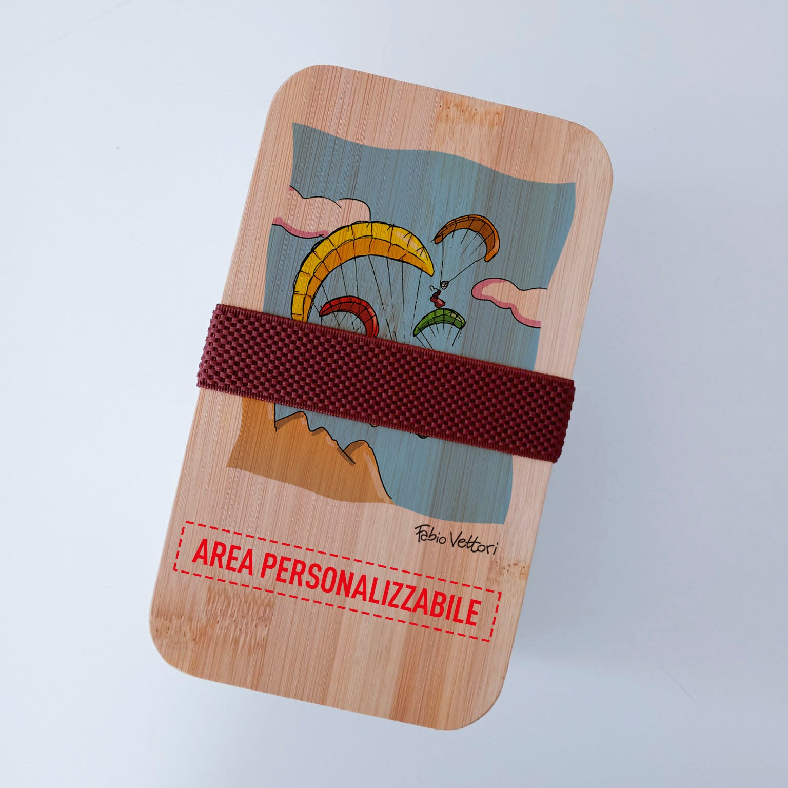 Scatola Porta Pranzo con coperchio in bambù e Posate Personalizzata soggetto "Parapendio"