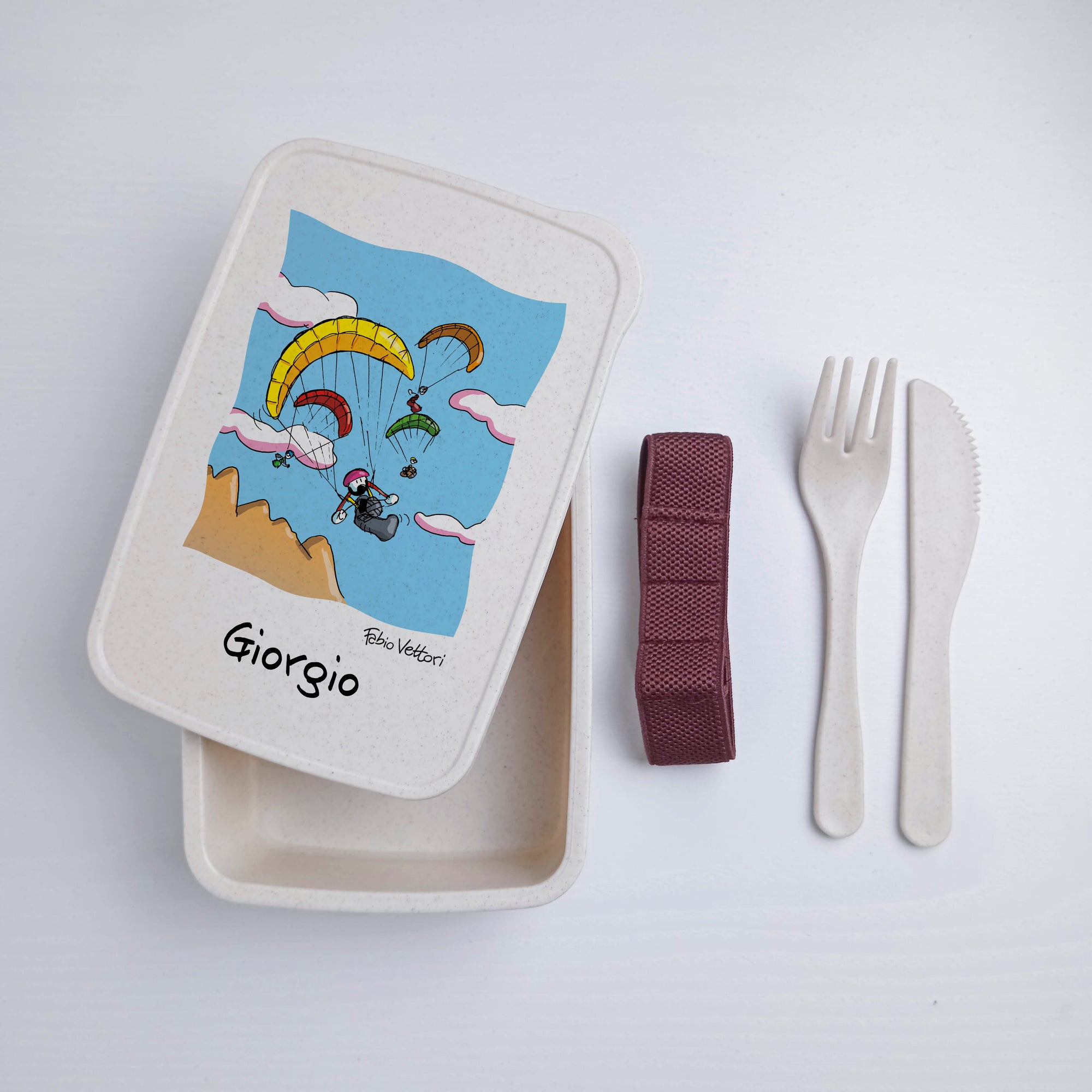 Scatola Porta Pranzo con Fascia Porta Posate Personalizzata soggetto "Parapendio"