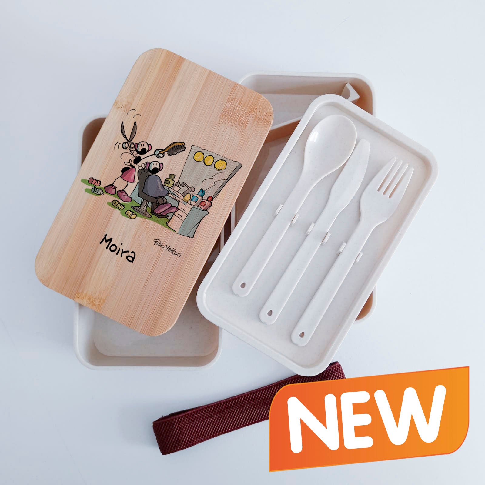 Scatola Porta Pranzo con coperchio in bambù e Posate Personalizzata soggetto "Parrucchiera"