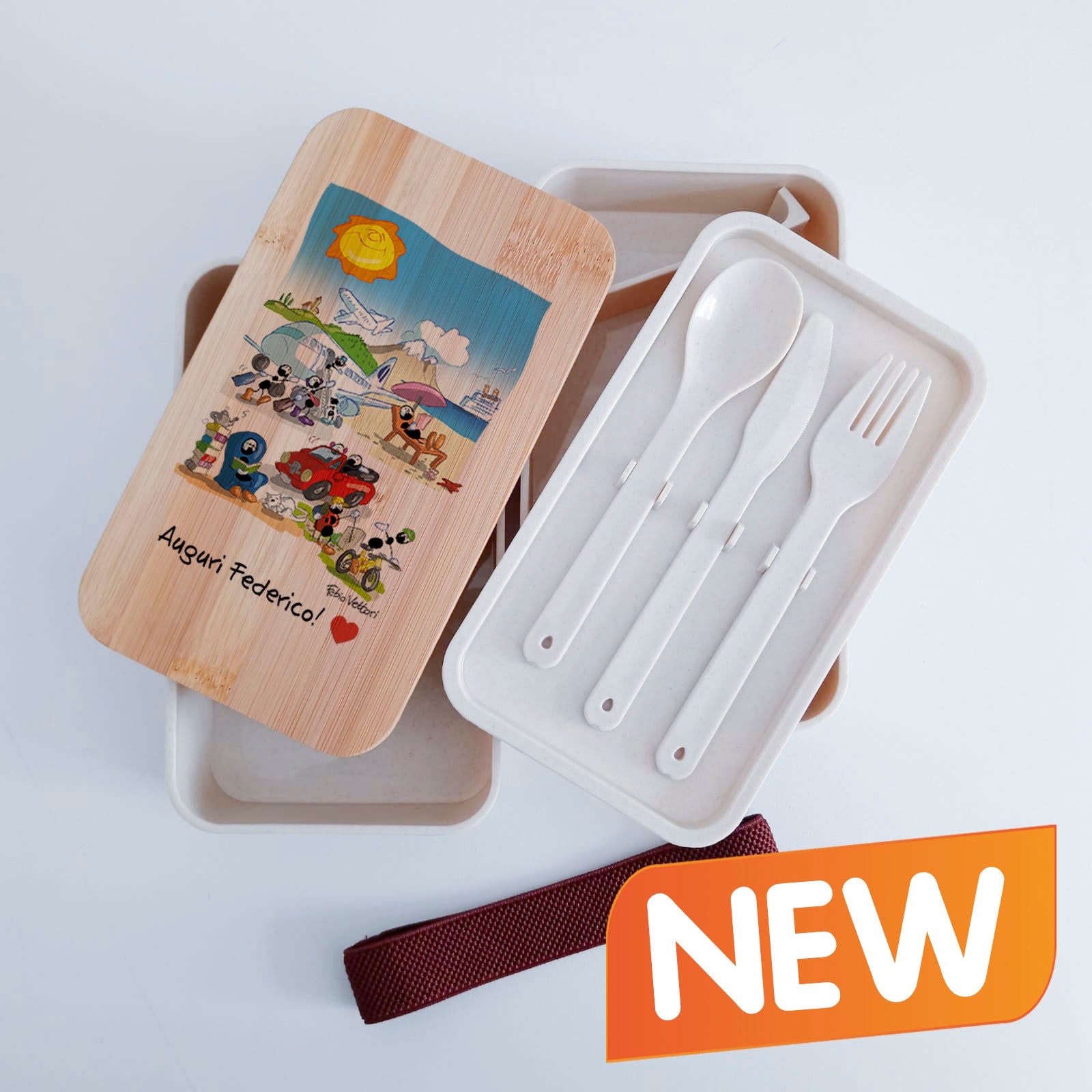 Scatola Porta Pranzo con coperchio in bambù e Posate Personalizzata soggetto "Pensione"