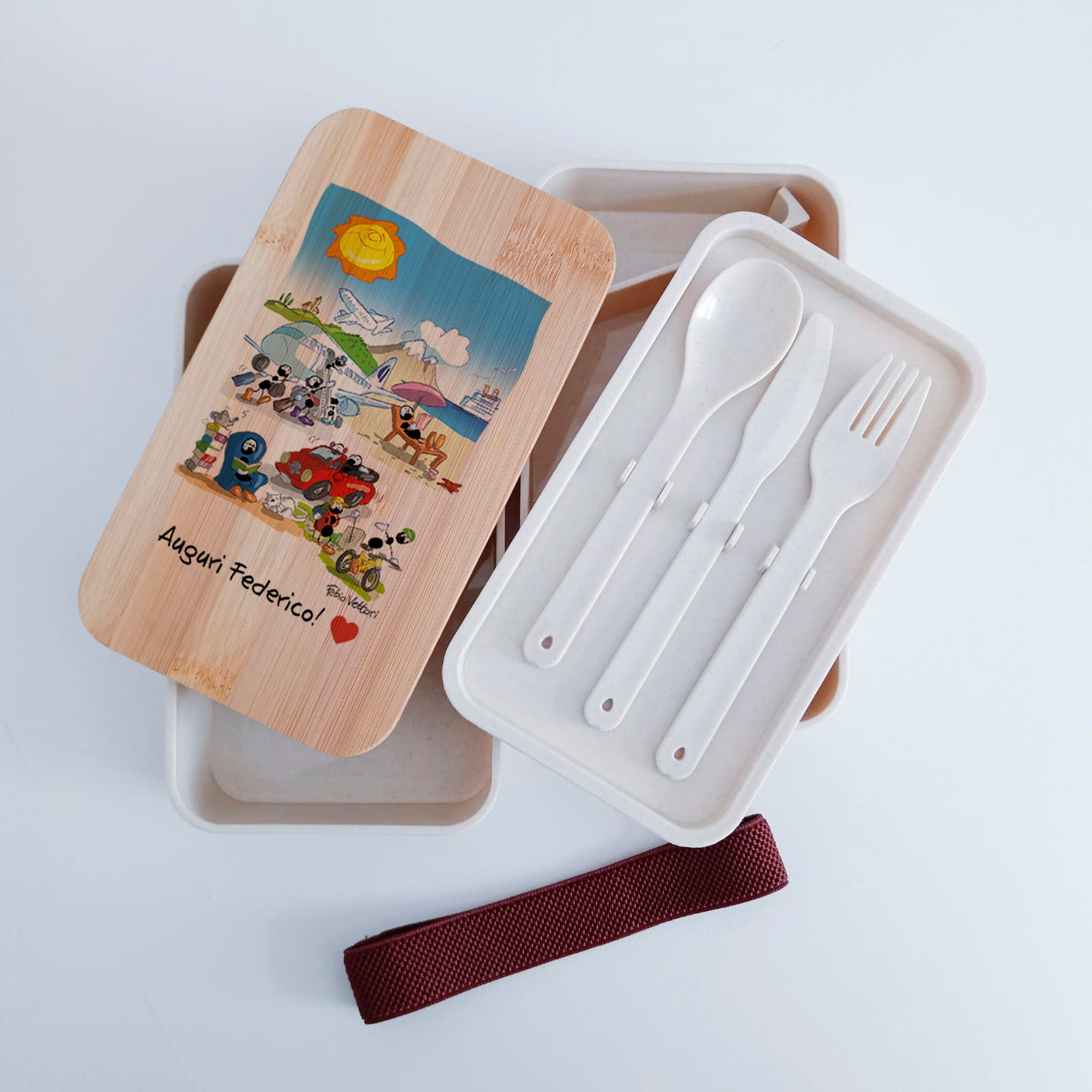 Lunch Box with Personalized Cutlery Band "Pension" Theme