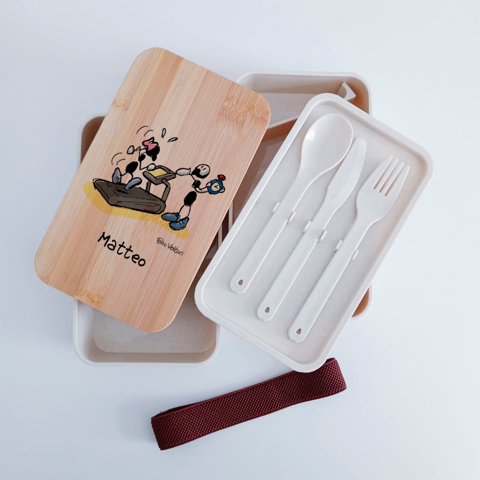 Scatola Porta Pranzo con coperchio in bambù e Posate Personalizzata soggetto "Personal trainer"