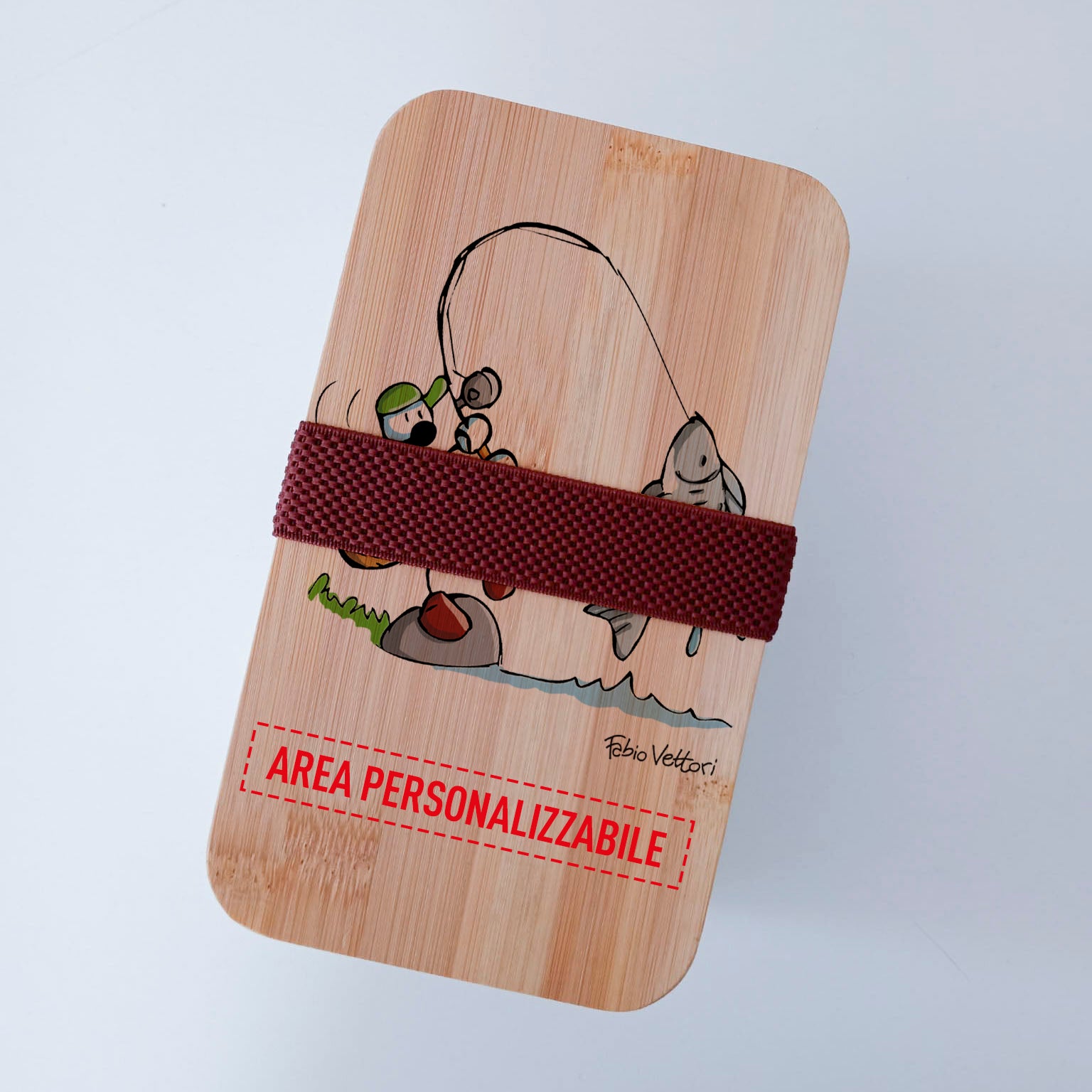Scatola Porta Pranzo con coperchio in bambù e Posate Personalizzata soggetto "Pescatore"