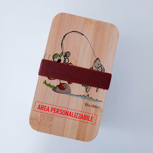 Scatola Porta Pranzo con coperchio in bambù e Posate Personalizzata soggetto "Pescatore"