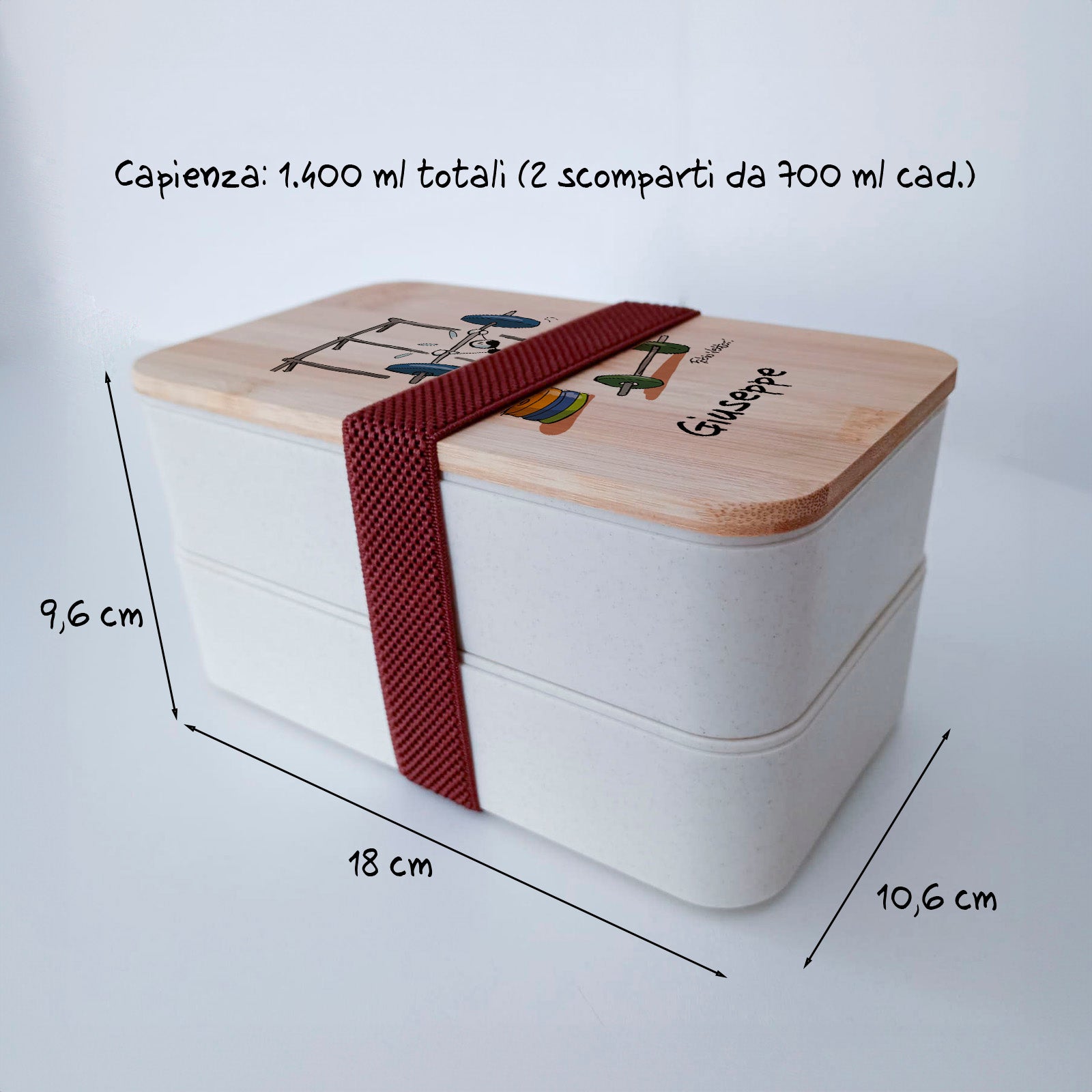 Scatola Porta Pranzo con coperchio in bambù e Posate Personalizzata soggetto "Pesi"
