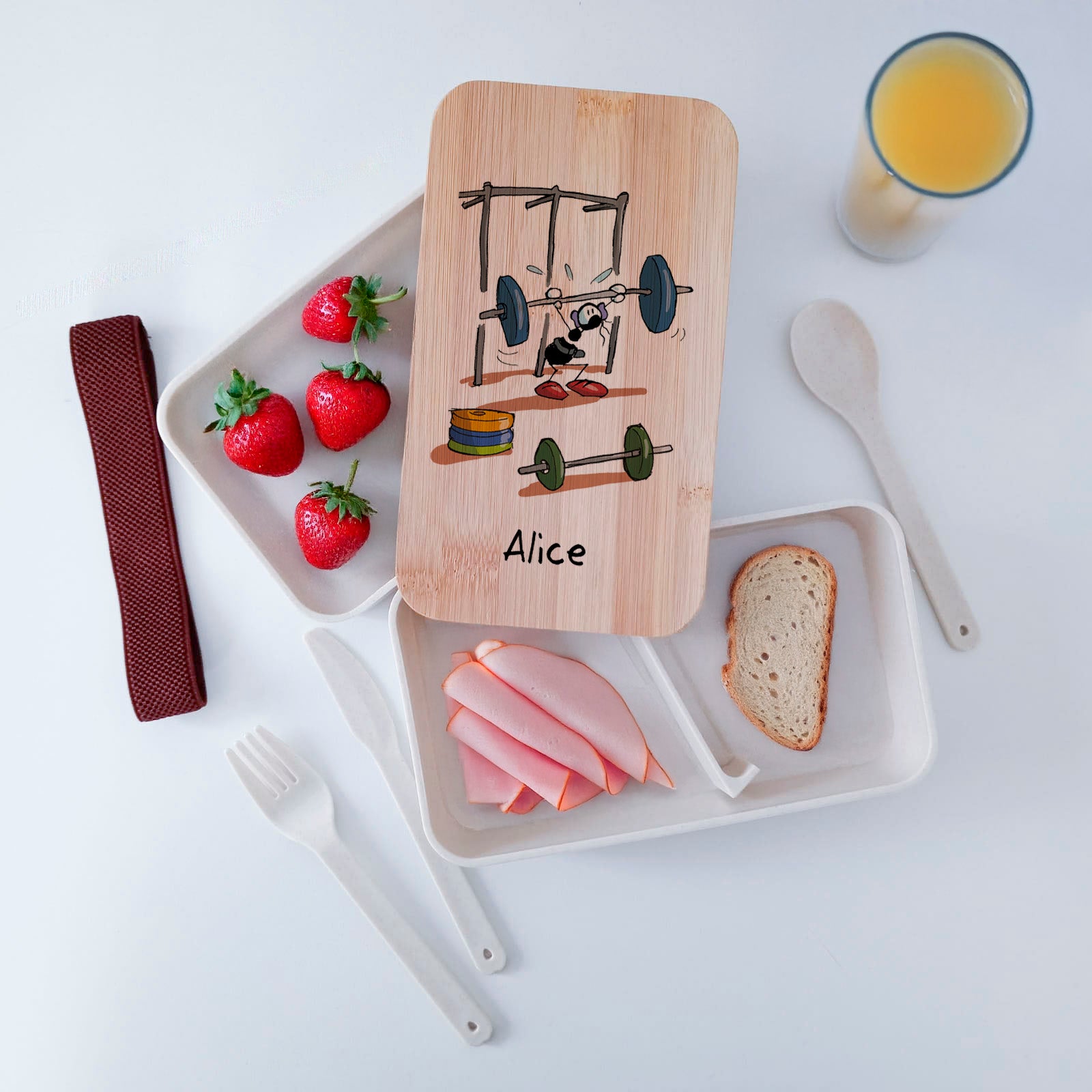 Scatola Porta Pranzo con coperchio in bambù e Posate Personalizzata soggetto "Pesi"