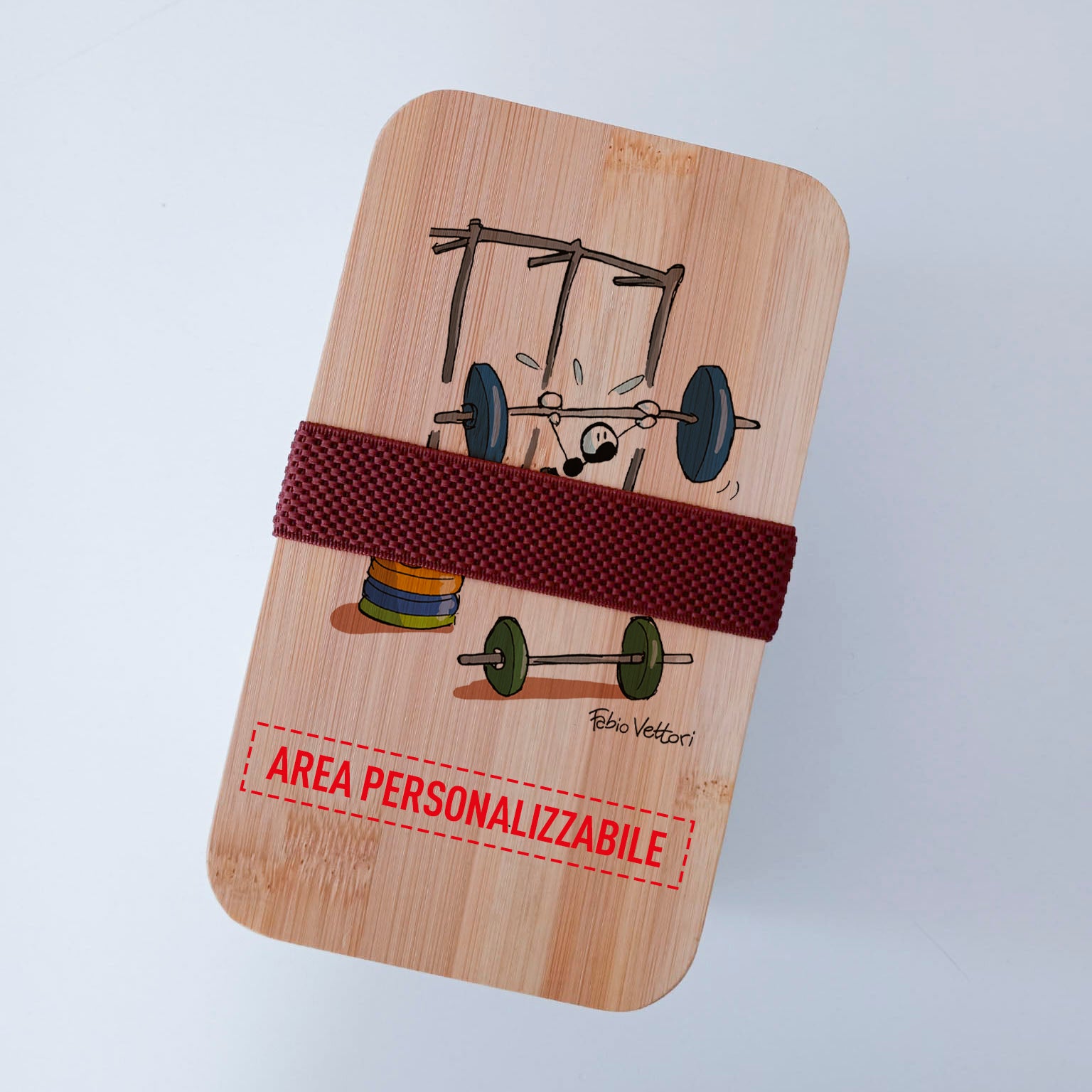 Scatola Porta Pranzo con coperchio in bambù e Posate Personalizzata soggetto "Pesi"