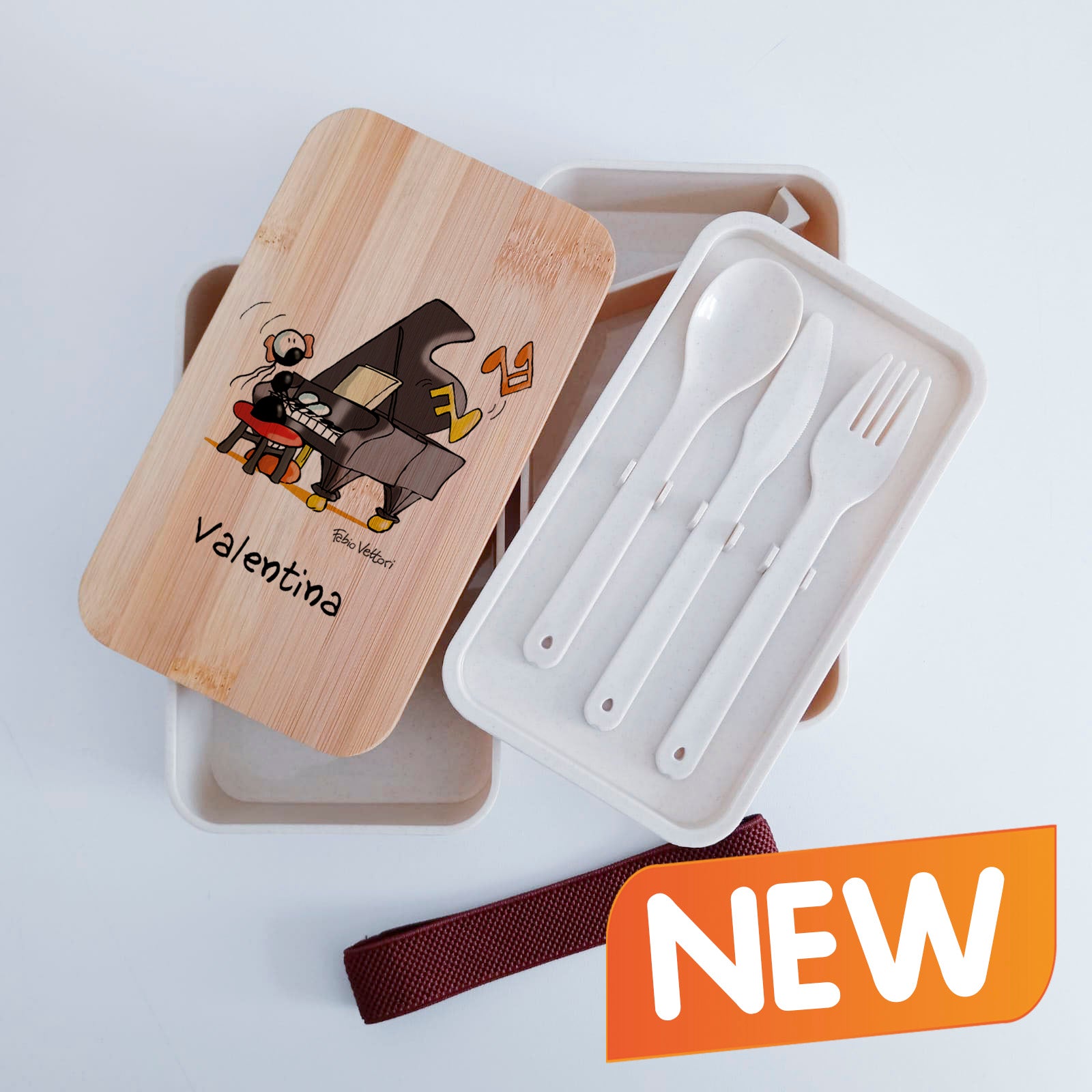 Scatola Porta Pranzo con coperchio in bambù e Posate Personalizzata soggetto "Pianoforte"