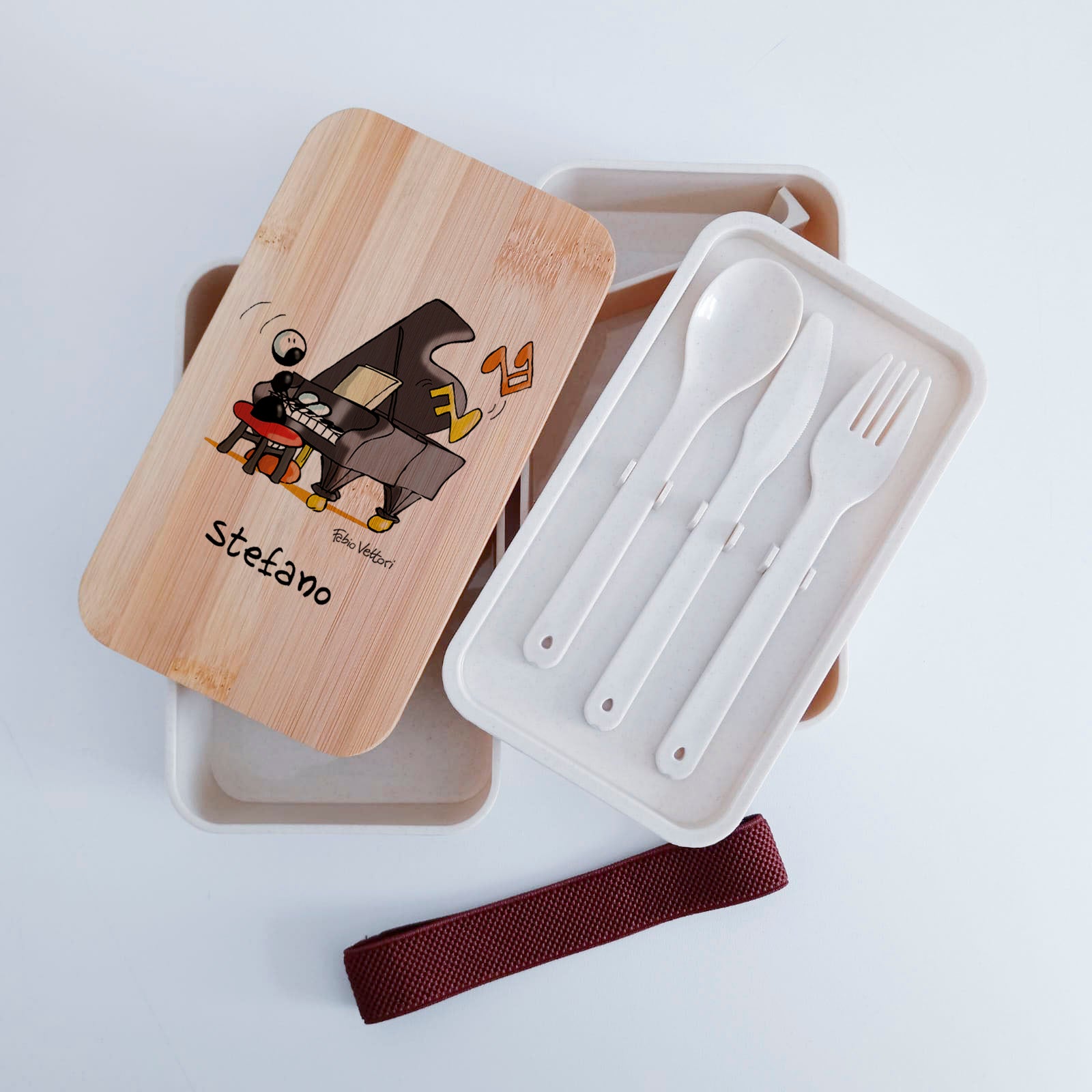 Lunch Box with Cutlery Holder Band Personalized "Piano" Theme