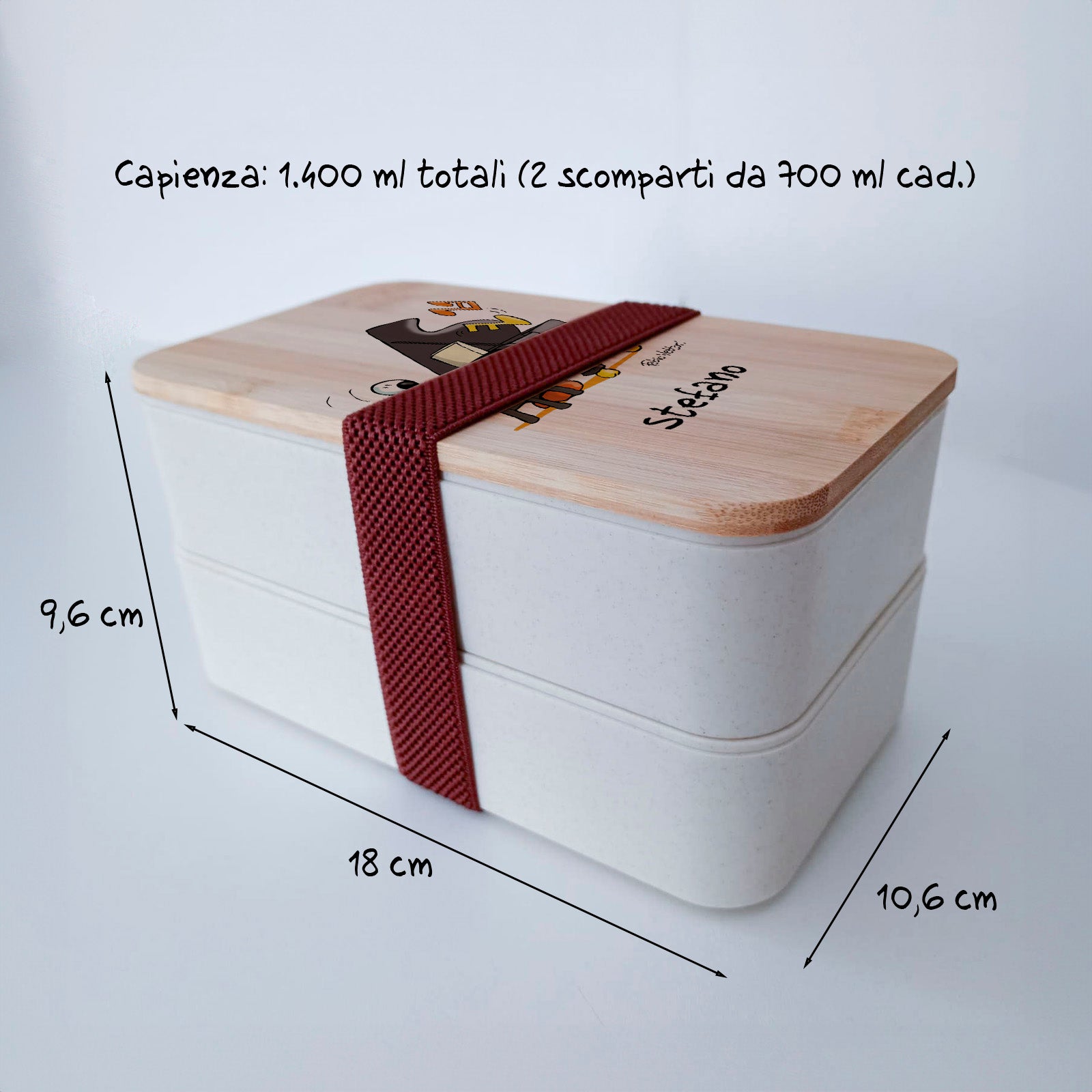 Scatola Porta Pranzo con coperchio in bambù e Posate Personalizzata soggetto "Pianoforte"