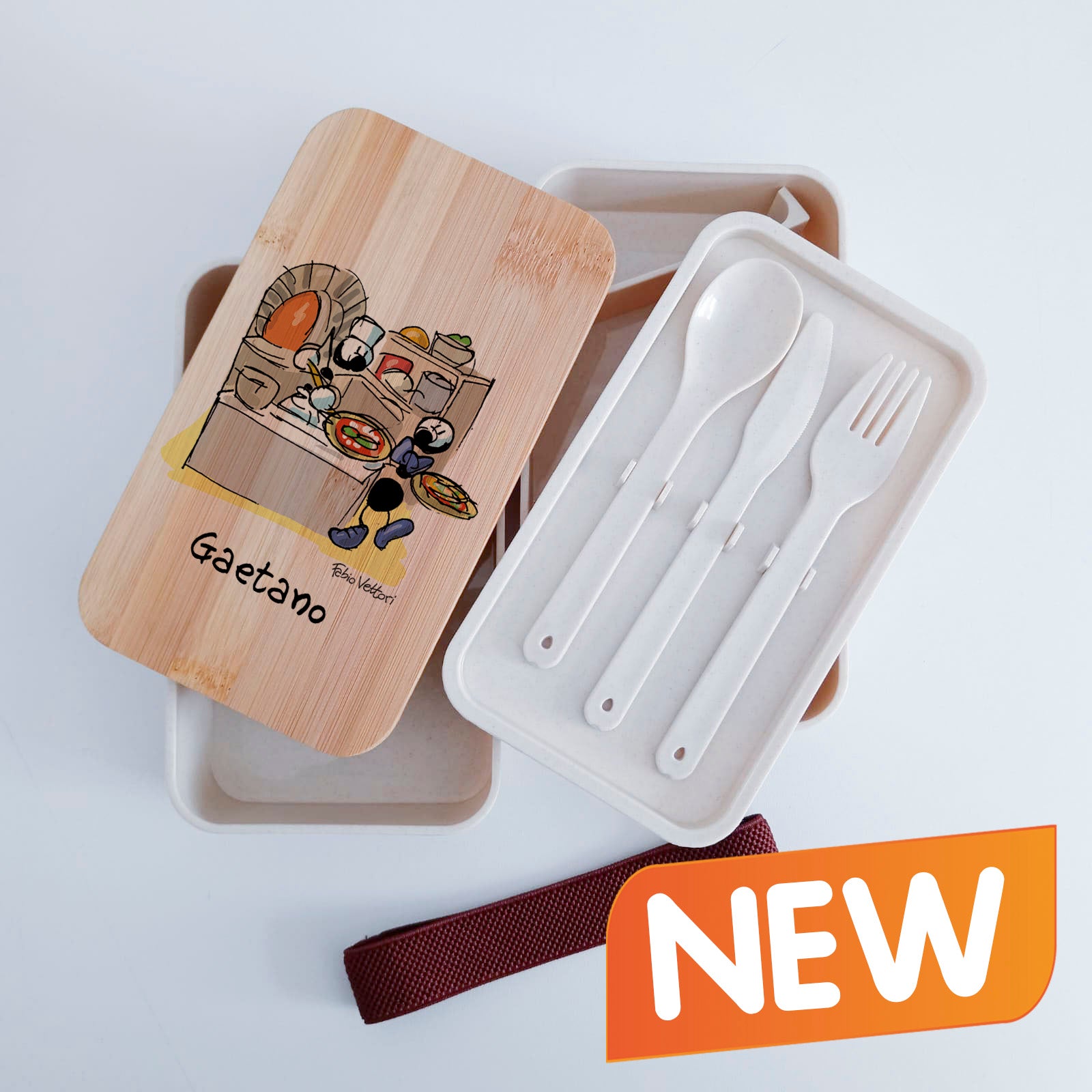 Lunch Box with Cutlery Holder Band Personalized "Pizza Chef" Theme