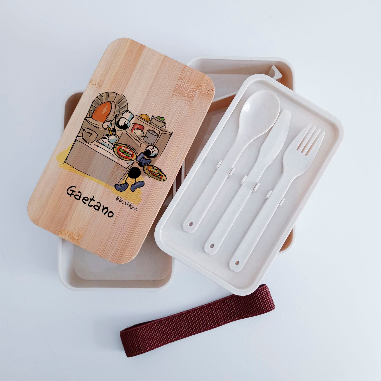 Scatola Porta Pranzo con coperchio in bambù e Posate Personalizzata soggetto "Pizzaiolo"