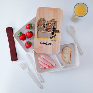 Scatola Porta Pranzo con coperchio in bambù e Posate Personalizzata soggetto "Pizzaiolo"