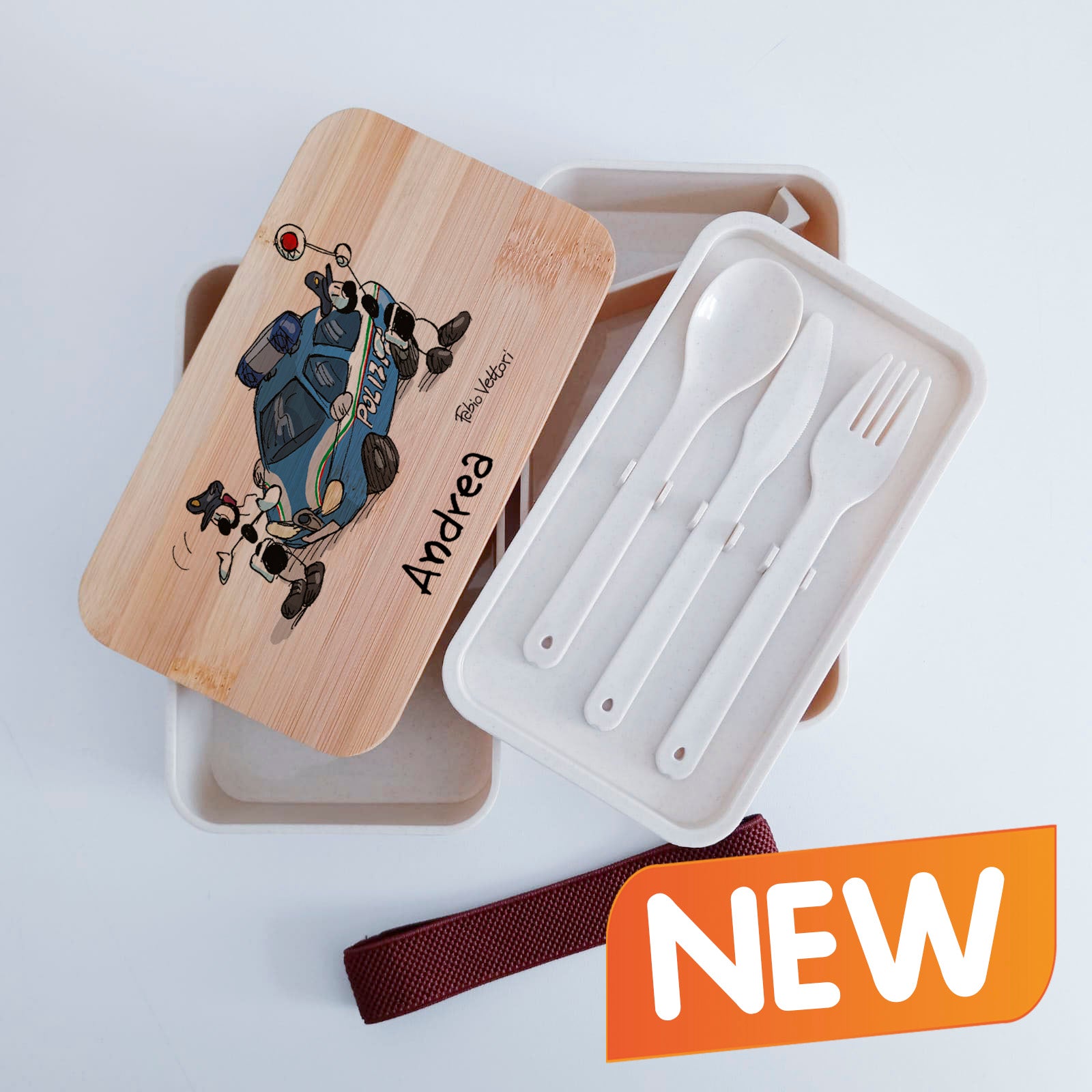 Scatola Porta Pranzo con coperchio in bambù e Posate Personalizzata soggetto "Polizia"