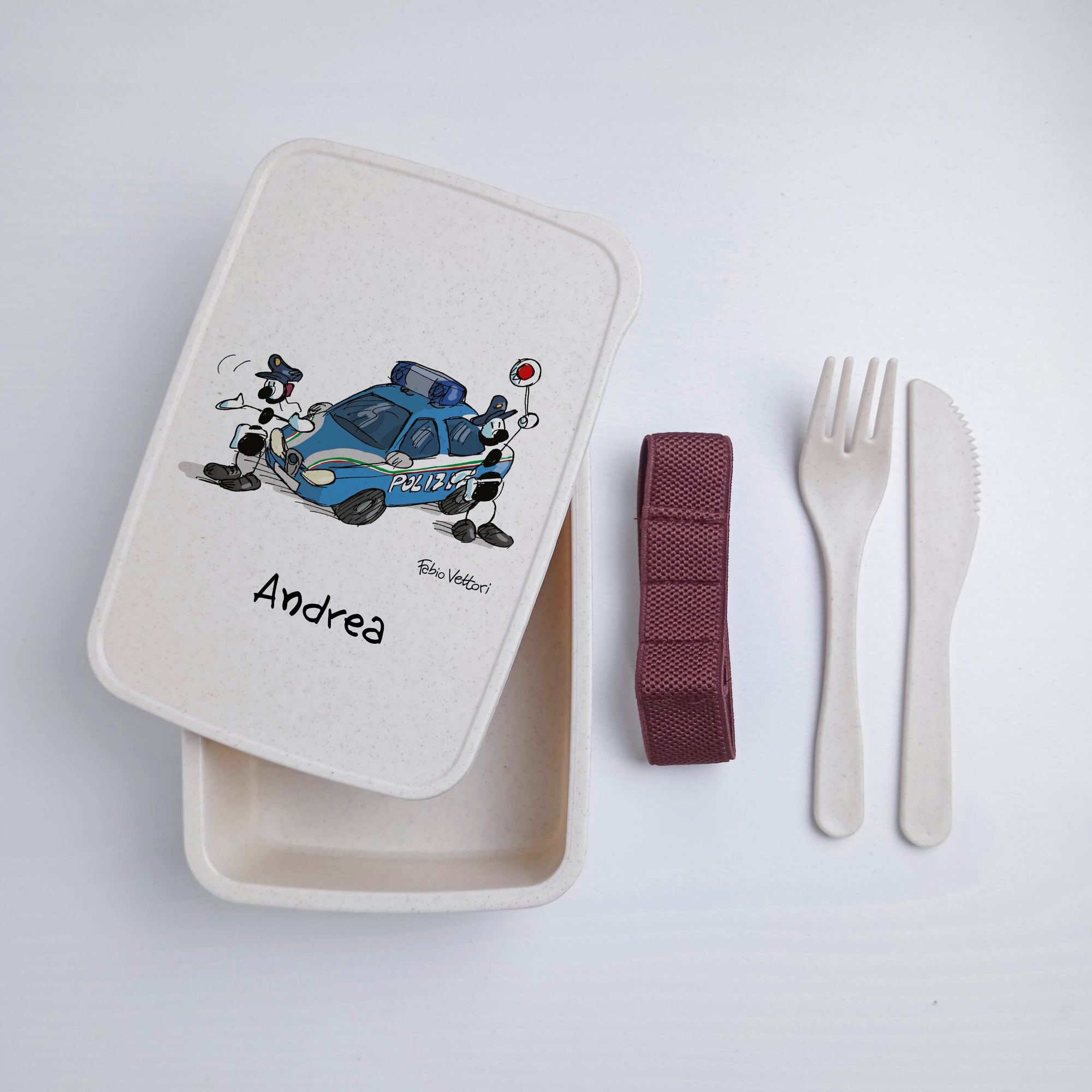Scatola Porta Pranzo con Fascia Porta Posate Personalizzata soggetto "Polizia"