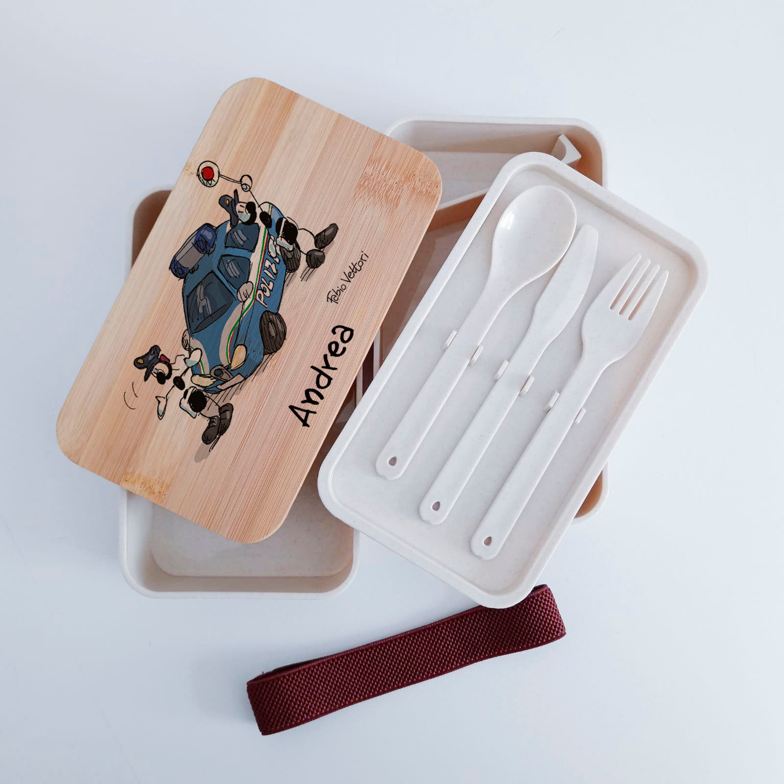 Scatola Porta Pranzo con coperchio in bambù e Posate Personalizzata soggetto "Polizia"