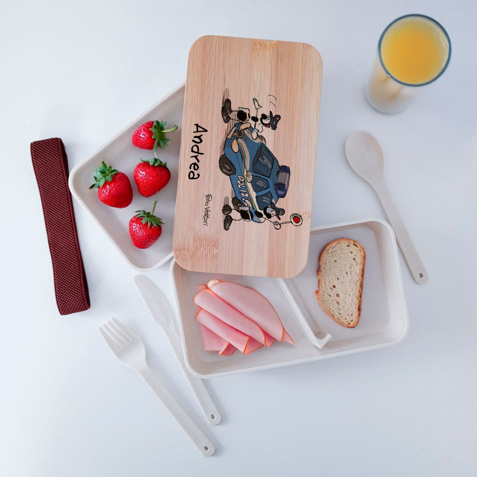 Scatola Porta Pranzo con coperchio in bambù e Posate Personalizzata soggetto "Polizia"