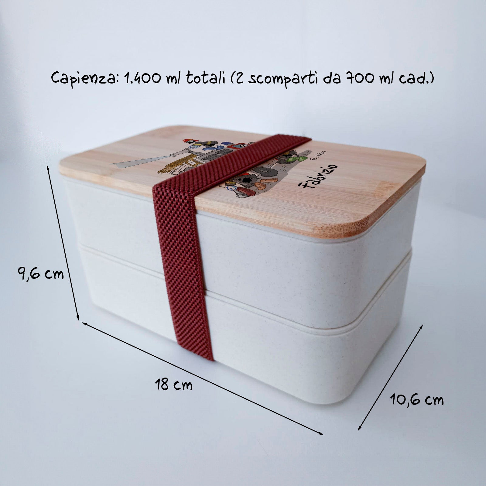 Scatola Porta Pranzo con coperchio in bambù e Posate Personalizzata soggetto "Pompieri"