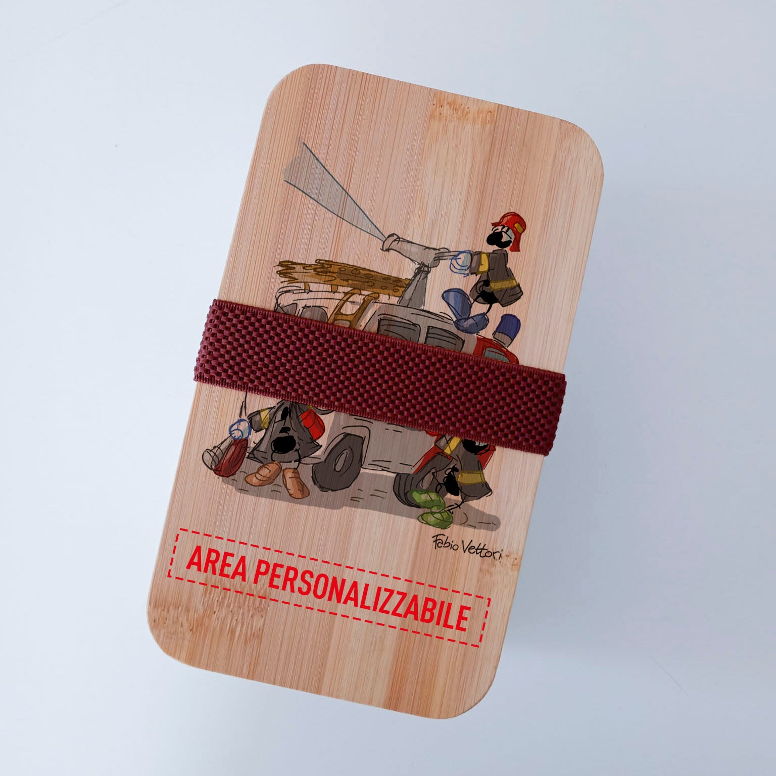 Scatola Porta Pranzo con coperchio in bambù e Posate Personalizzata soggetto "Pompieri"