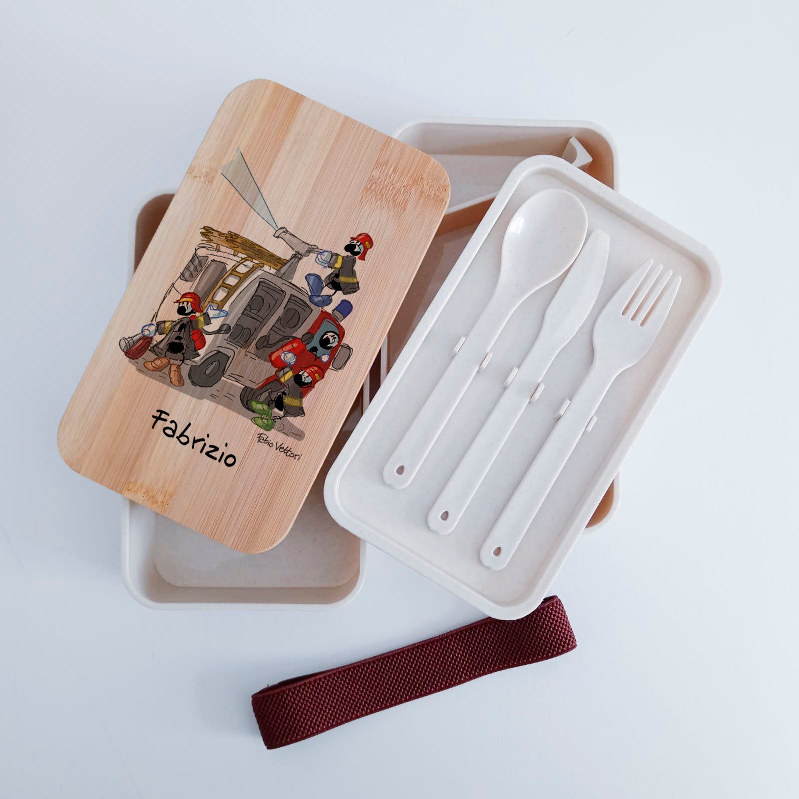 Scatola Porta Pranzo con coperchio in bambù e Posate Personalizzata soggetto "Pompieri"