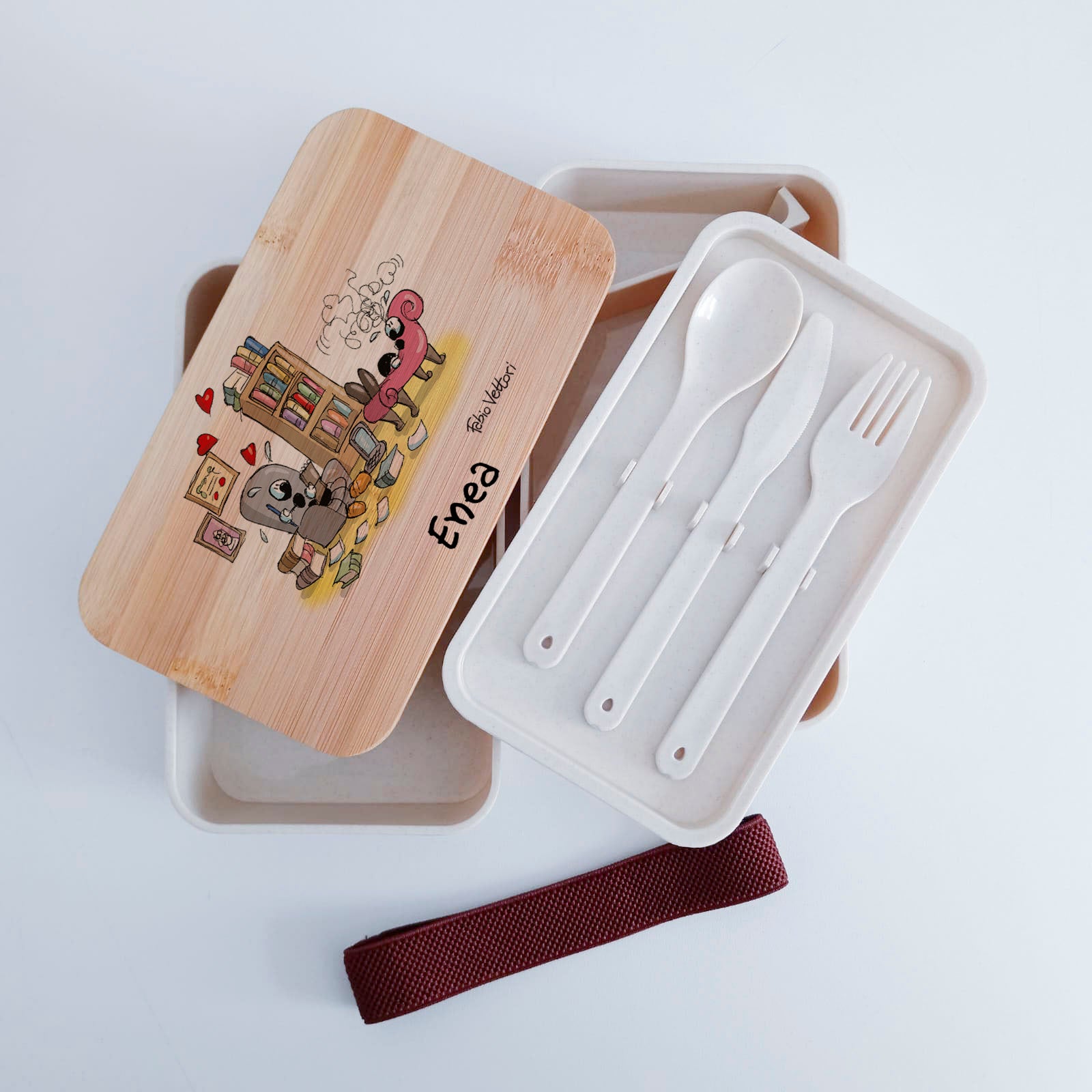 Scatola Porta Pranzo con coperchio in bambù e Posate Personalizzata soggetto "Psicologi"