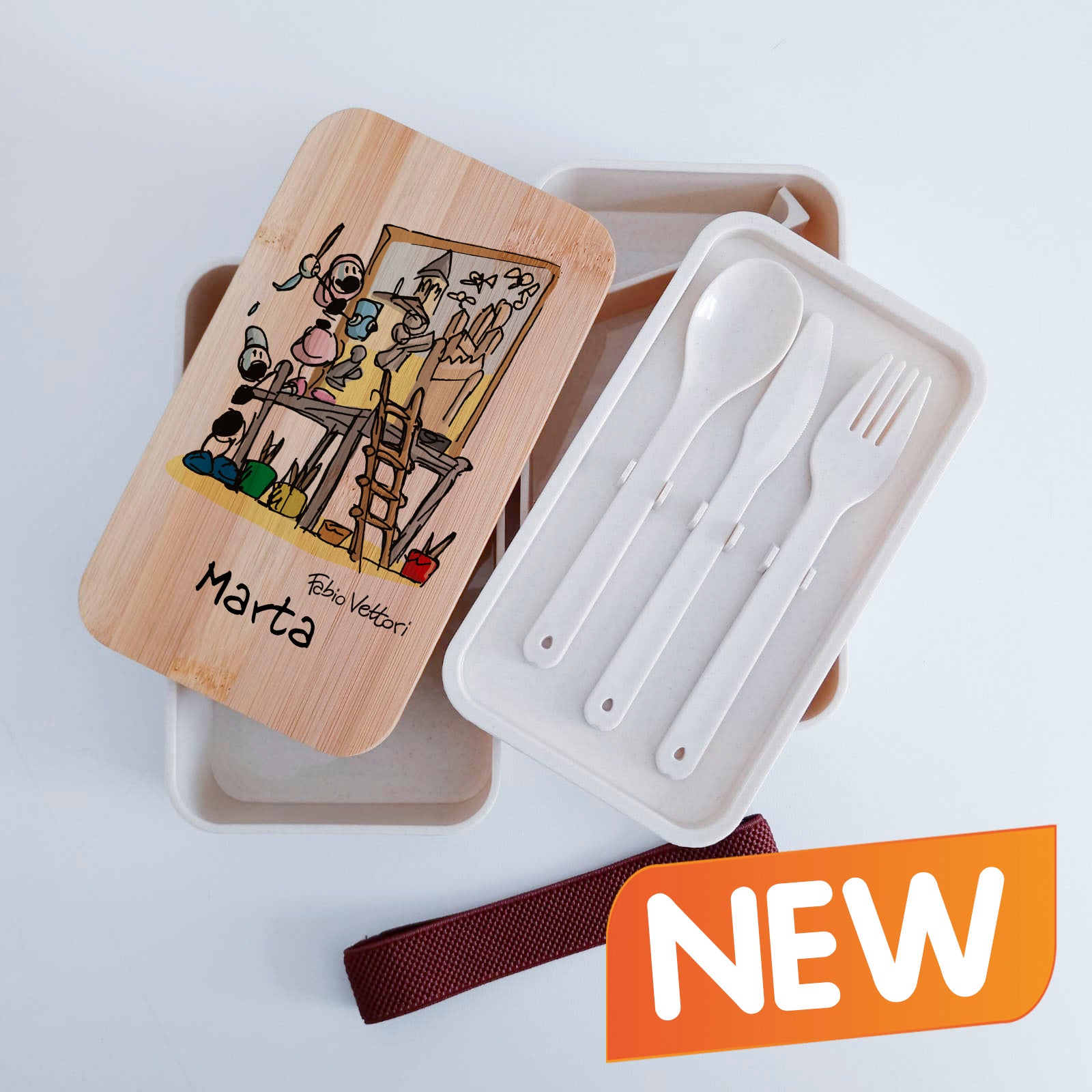 Scatola Porta Pranzo con coperchio in bambù e Posate Personalizzata soggetto "Restauratori"