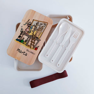Scatola Porta Pranzo con coperchio in bambù e Posate Personalizzata soggetto "Restauratori"