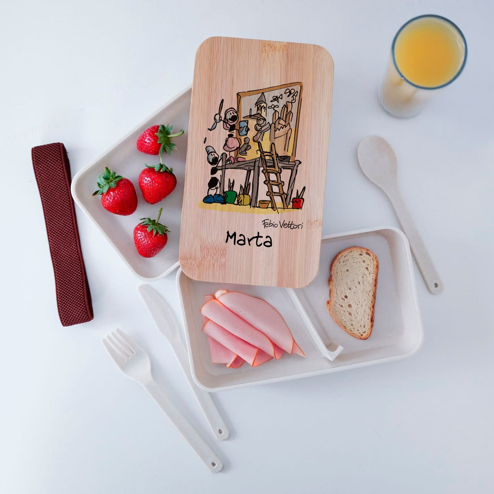 Scatola Porta Pranzo con coperchio in bambù e Posate Personalizzata soggetto "Restauratori"