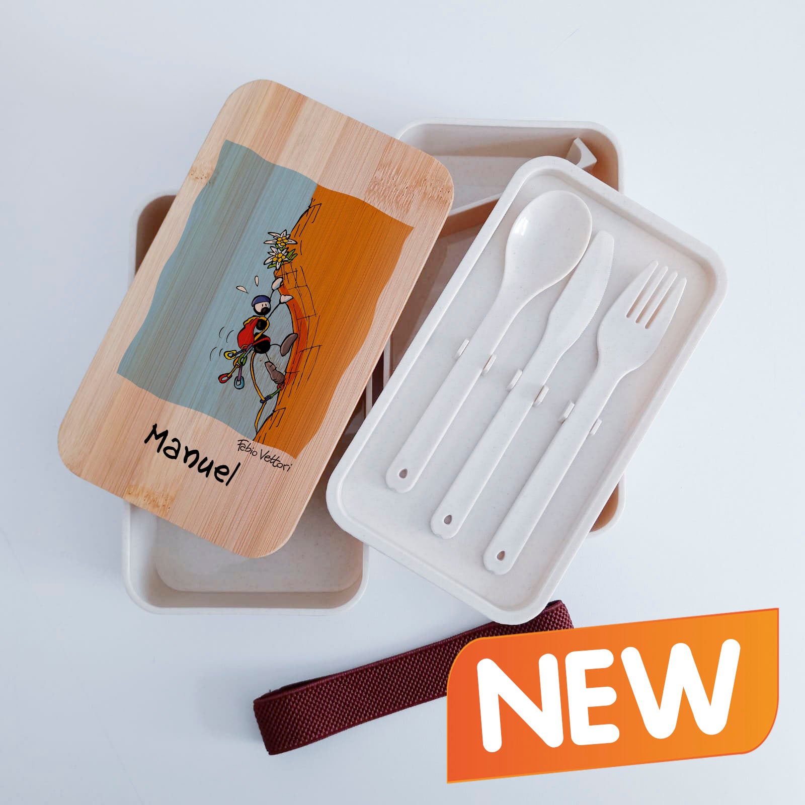 Scatola Porta Pranzo con coperchio in bambù e Posate Personalizzata soggetto "Rocciatore"